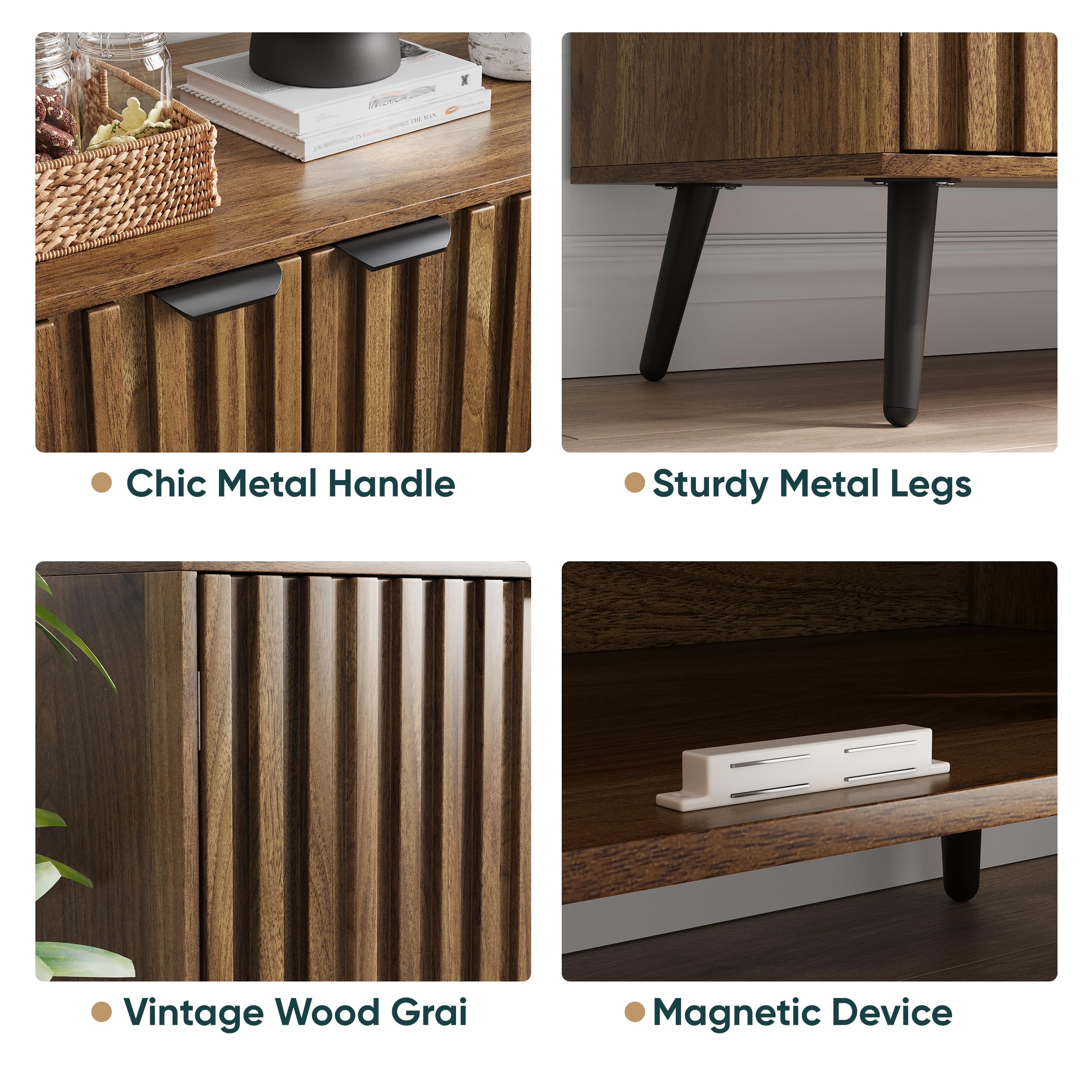 Semiocthome Walnut Buffet Cabinet with Storage - Fluted Door Sideboard with Metal Legs & Adjustable Shelf - Modern Accent Table for Living Room, Dining Room, Kitchen & Entryway - Perfect for Home Organization & Stylish Storage Solutions