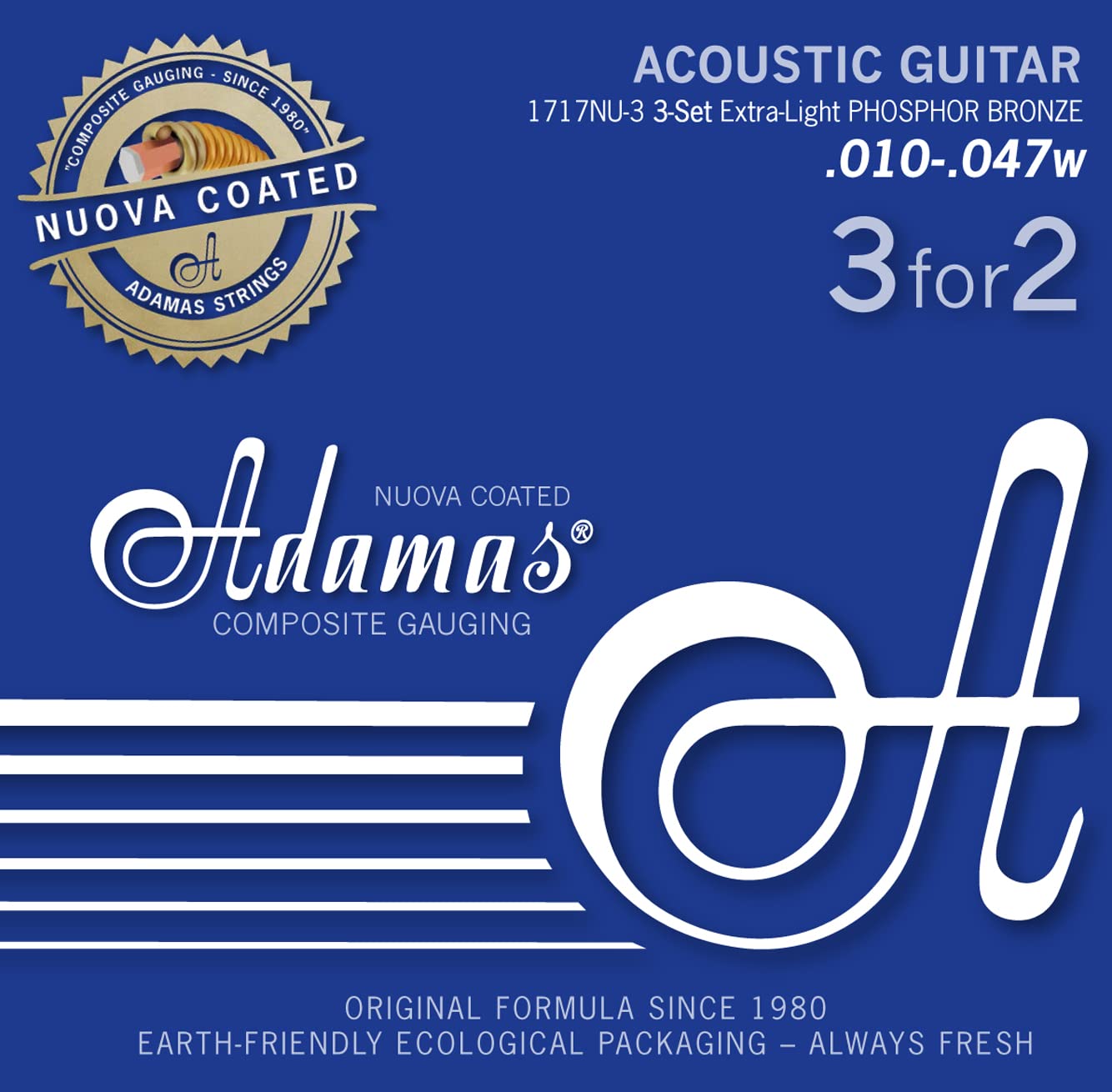 Adamas Acoustic Guitar Strings - Phosphor Bronze Coated, Extra Light .010 Gauge, Set of 3 (1717NU-3) | Perfect for Fingerstyle & Studio Recording