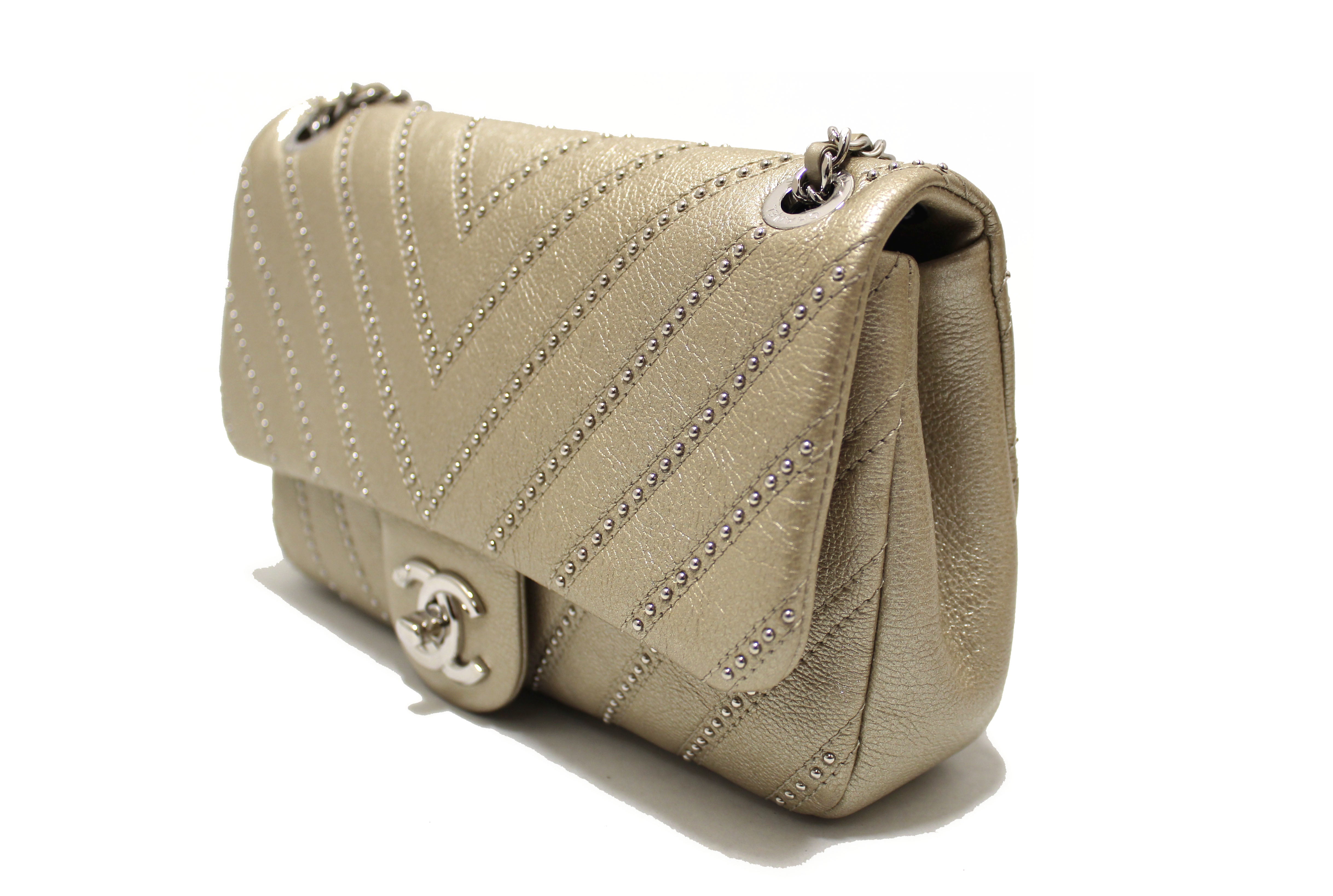 Authentic Chanel Gold Studs Calfskin Leather Mini Chevron Quilted Classic Shoulder Bag for Women - Luxury Designer Handbag for Evening Parties, Date Nights & Special Occasions
