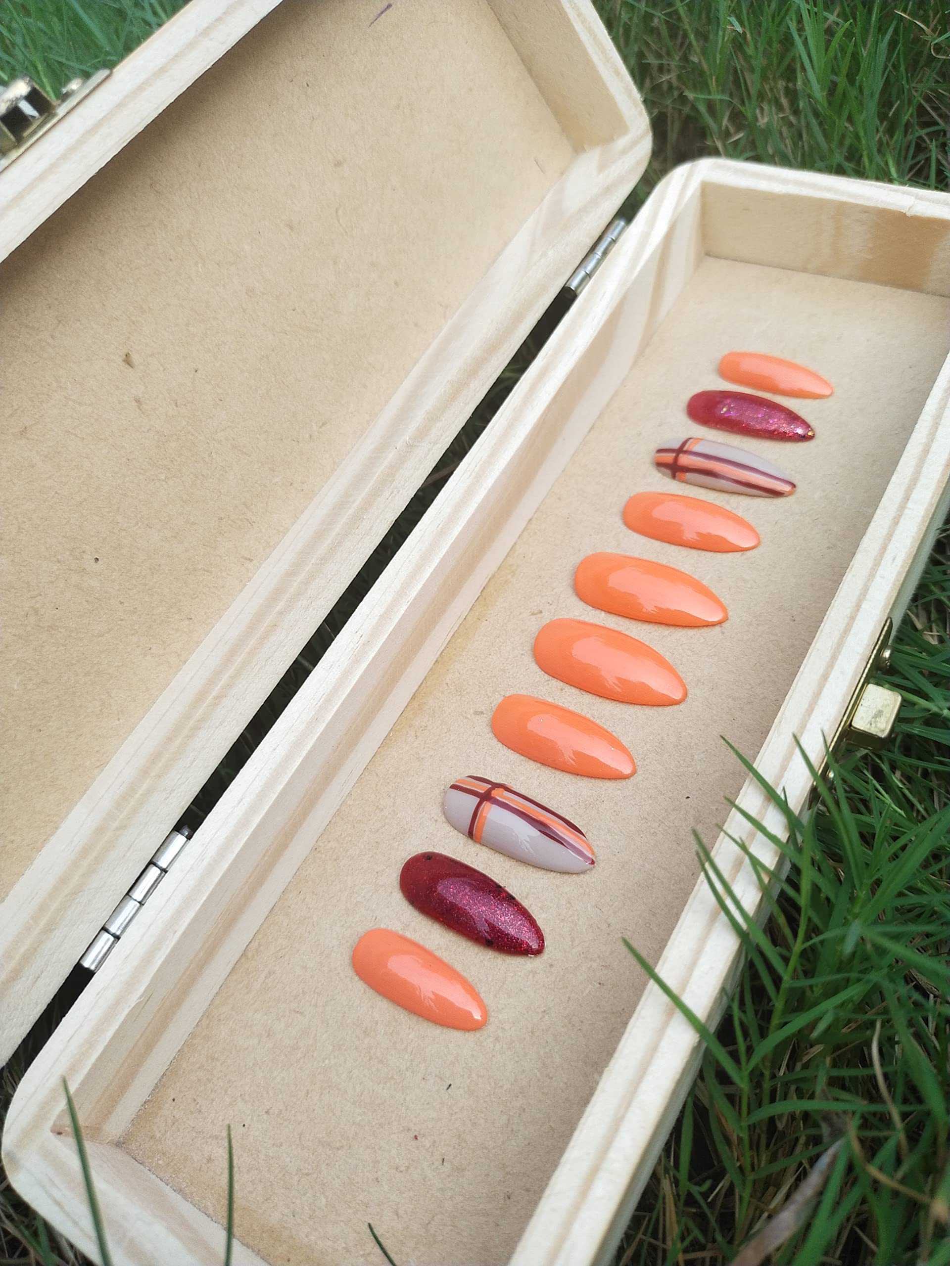 Reusable Handmade Artificial Nails - 10 Piece Orange Fall Nails Set (Small Size) | Natural-Looking Fake Nails for Halloween, Thanksgiving, Parties & Special Occasions