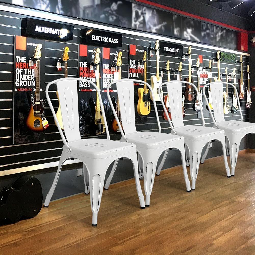 Yaheetech 4-Pack Metal Dining Chairs - Indoor/Outdoor Stackable Bistro Chairs for Patio, Cafe, Restaurant - Distressed White Finish - Perfect for Home Dining, Outdoor Entertaining & Commercial Use