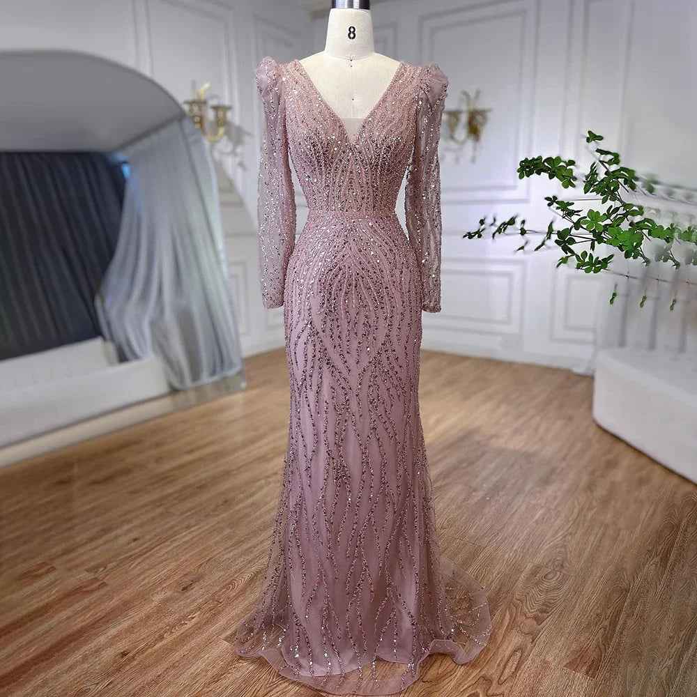 Elegant Muslim Blue Beaded Mermaid Evening Dress for Women - Luxury Arabic Gown for Wedding & Party 2025 | Perfect for Bridal Showers, Formal Events & Special Occasions