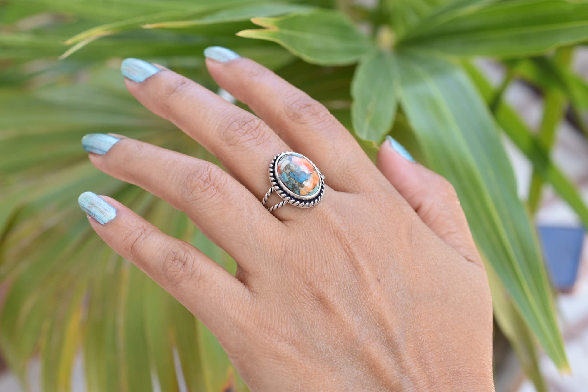 Vintage Handmade Oyster Copper Turquoise 925 Sterling Silver Ring - Boho Hippie Jewelry - Spiny Turquoise Birthstone Ring - Perfect Birthday Gift for Women - TQ-22 - Ideal for Festivals, Boho Fashion & Everyday Wear