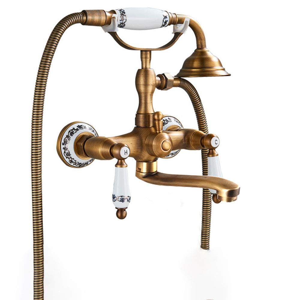 Vintage Brass Bathtub Faucet with Handheld Shower - Wall Mounted Double Handle Mixer Tap for Bathroom (20cm Spout) - Perfect for Classic & Farmhouse Style Bathroom Renovations