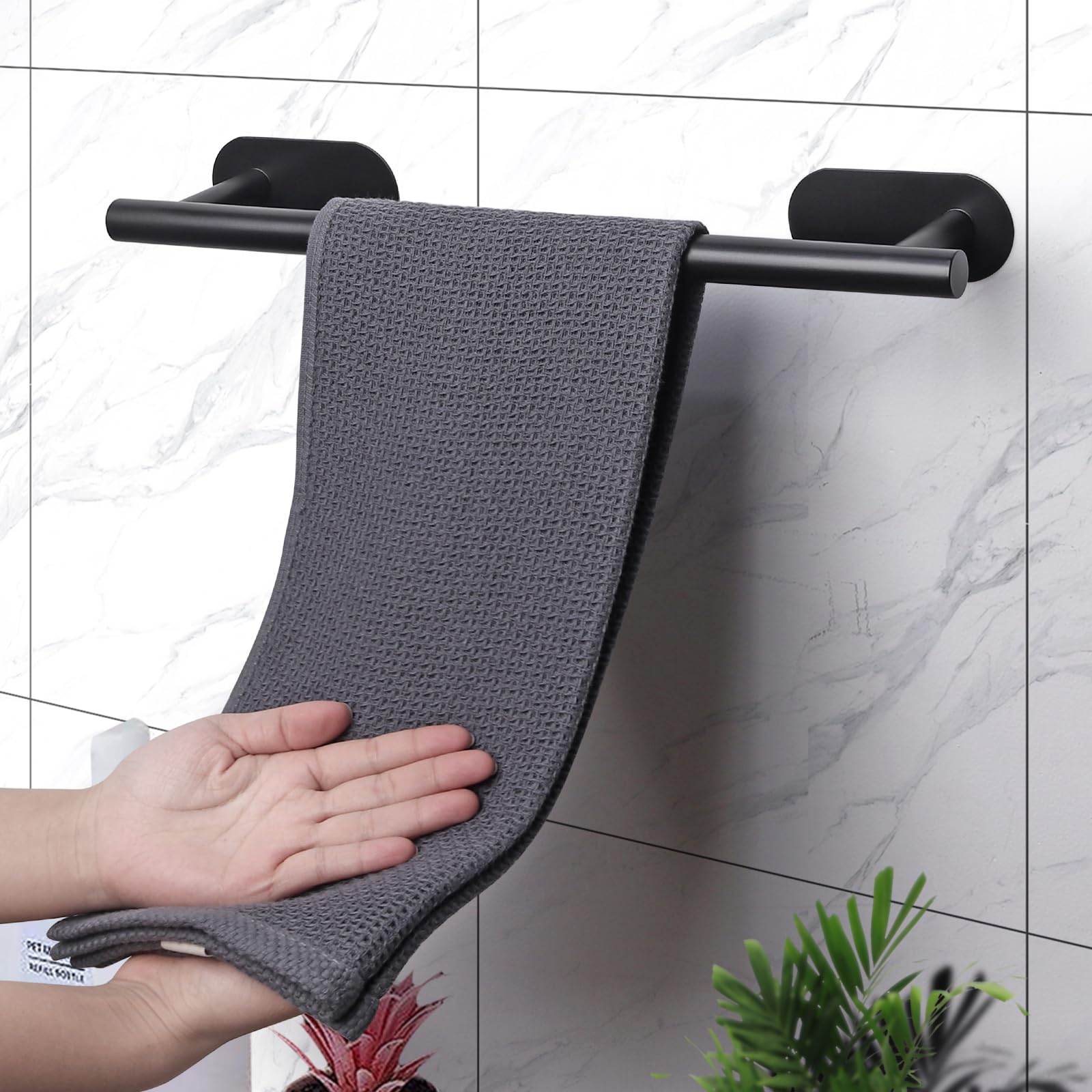 JiGiU No Drill Stick On Bathroom Hardware Set - 16-Inch Self Adhesive Towel Bar, Toilet Paper Holder, Towel Ring & 3 Hooks - Stainless Steel Black - Perfect for Small Bathrooms, Apartments & RVs