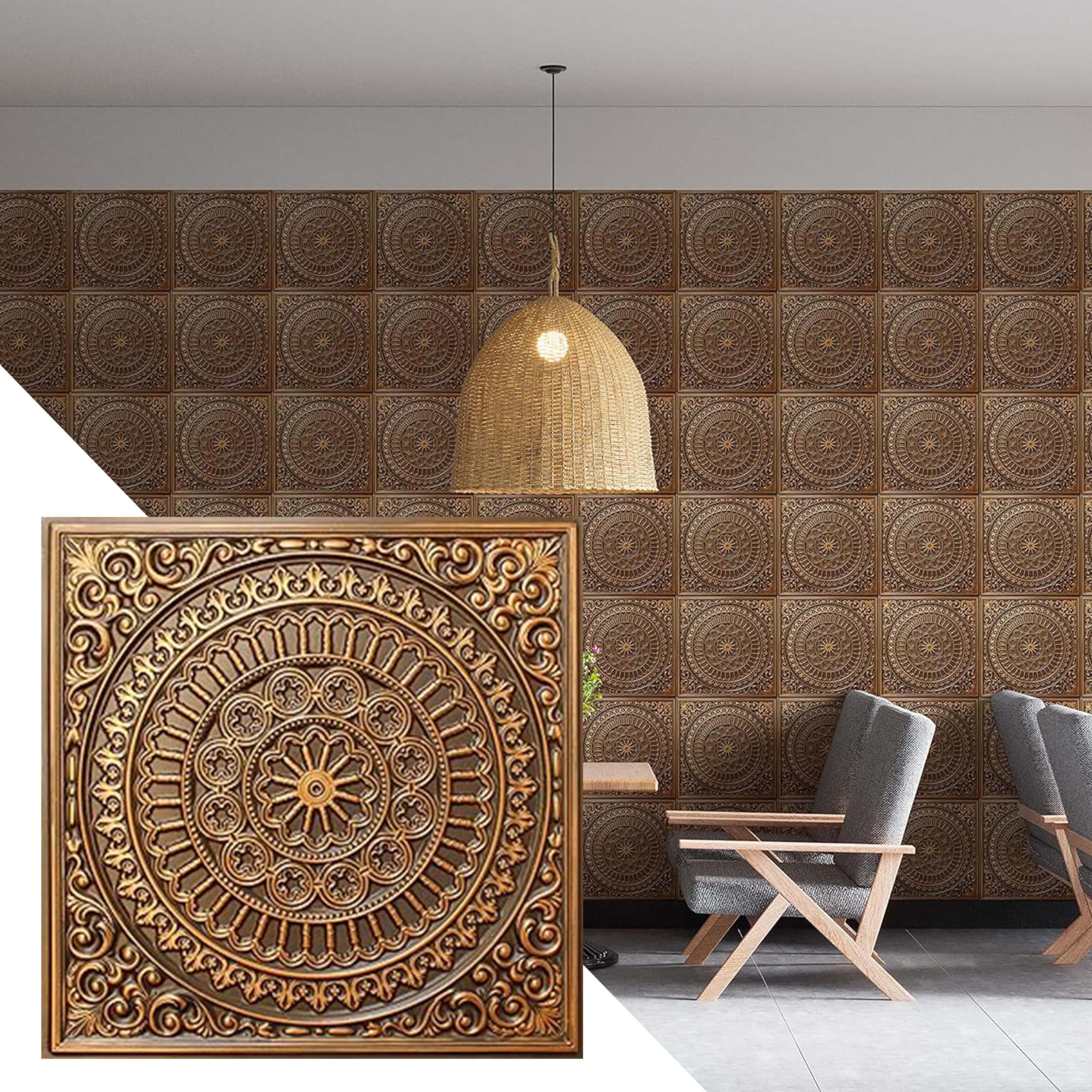 Dundee Deco Victorian Transitional Antique Gold PVC 3D Decorative Ceiling Panel - 2ft x 2ft (60cm x 60cm) - Glue Up or Lay in Installation - Pack of 10 Covers 40 sq ft - Perfect for Home Theater, Dining Room & Vintage Style Interior Design
