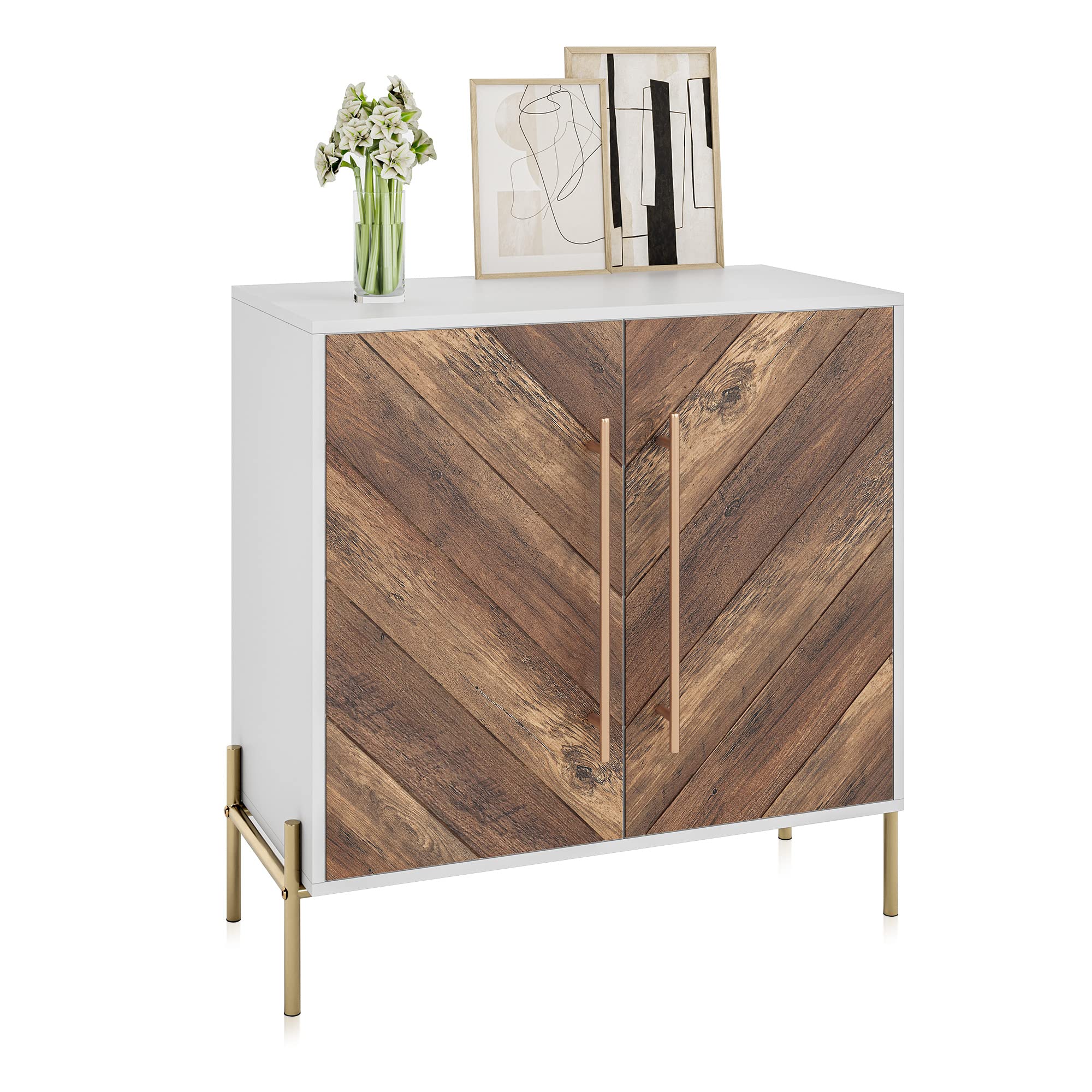 BELLEZE 32 Inch Rustic Oak Sideboard Buffet Cabinet - Large Storage Accent Cabinet with Console Table, Coffee Bar Table for Living Room, Kitchen or Entryway - Perfect for Home Organization & Entertaining Guests