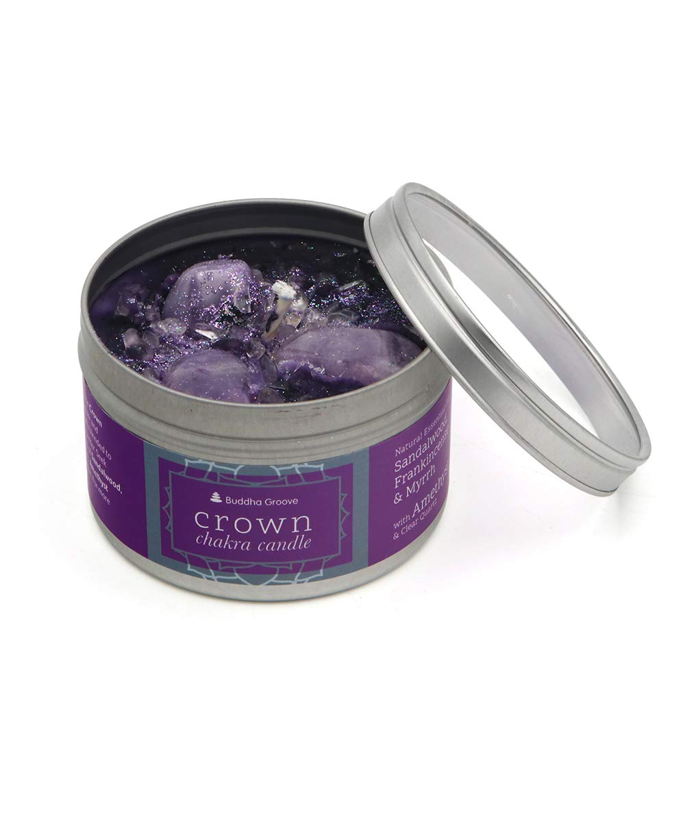 Buddha Groove Handmade Chakra Gemstone Candles with Genuine Crystals | 100% Soy Wax & Essential Oils | Crown Chakra Meditation & Healing | Perfect for Yoga, Reiki, Spa Relaxation & Home Decor