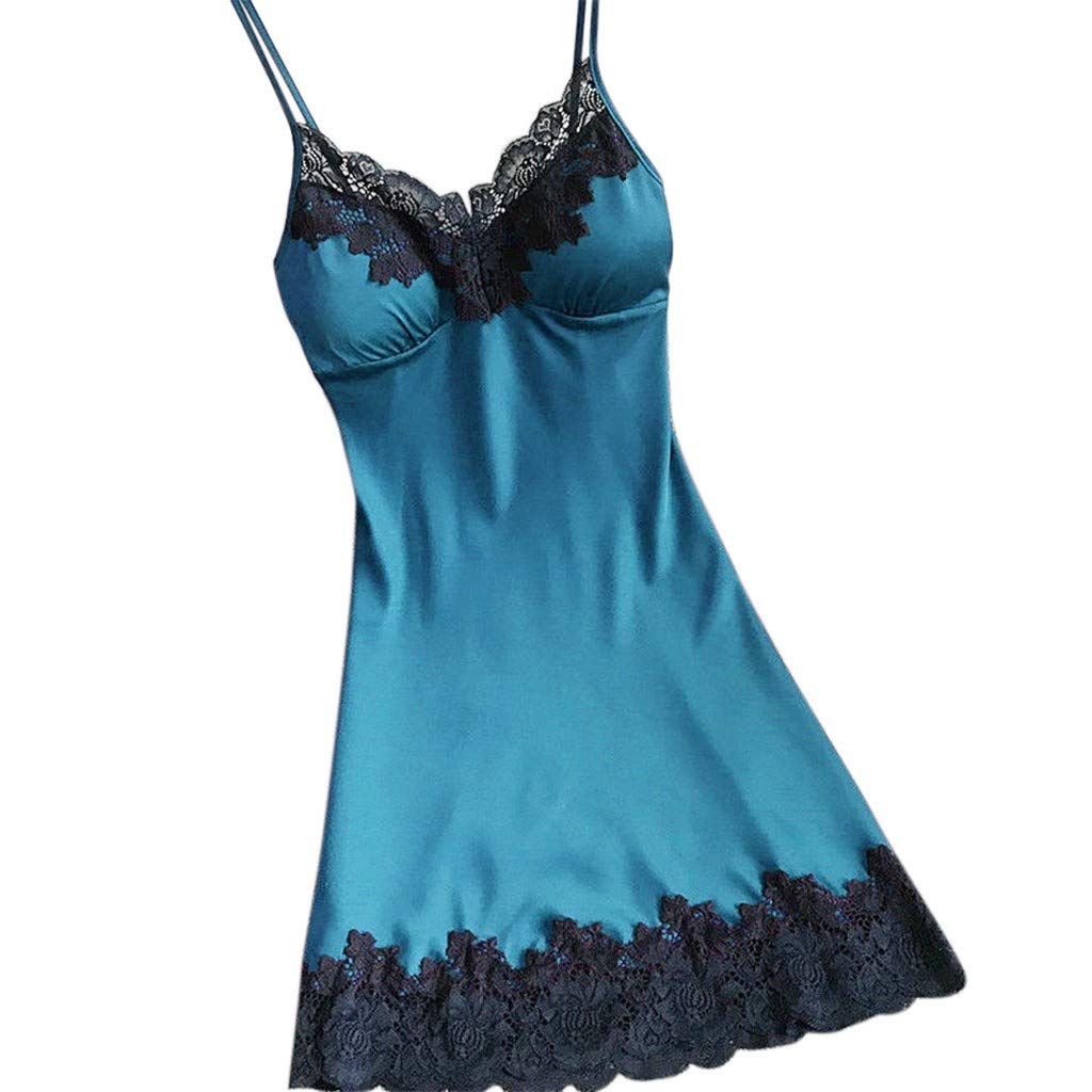 Sexy Lace V-Neck Satin Nightgown for Women - Padded Chemise Sleepwear & Lingerie Set, Comfortable Elegant Nightwear for Bedroom, Anniversary Gift or Honeymoon
