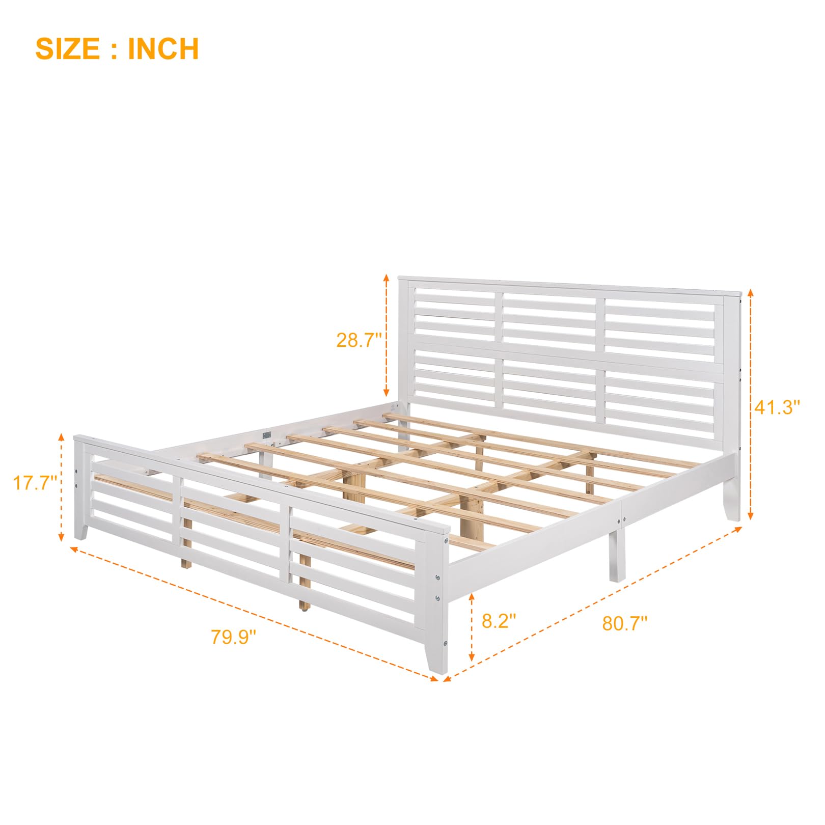 King Size Wooden Platform Bed Frame with Horizontal Strip Hollow Headboard - Solid Wood Slat Support, Modern Country Style Bedroom Furniture for Boys & Girls - Easy Assembly (White) | Perfect for Master Bedrooms, Guest Rooms & Kids' Rooms