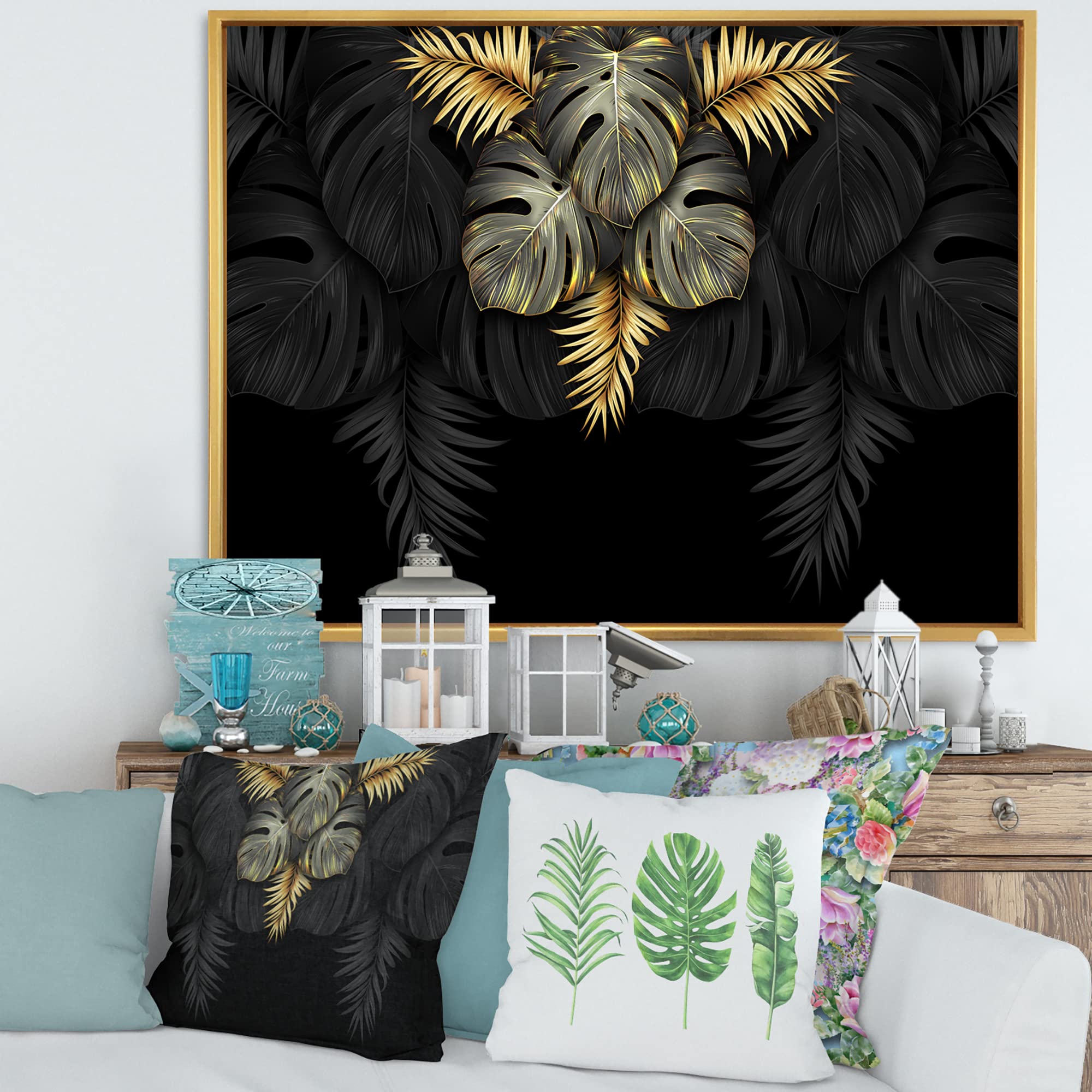 Black and Gold Tropical Leaves IV - Modern Framed Canvas Wall Art Print for Living Room, Bedroom & Office Decor | Home & Office Wall Decorations