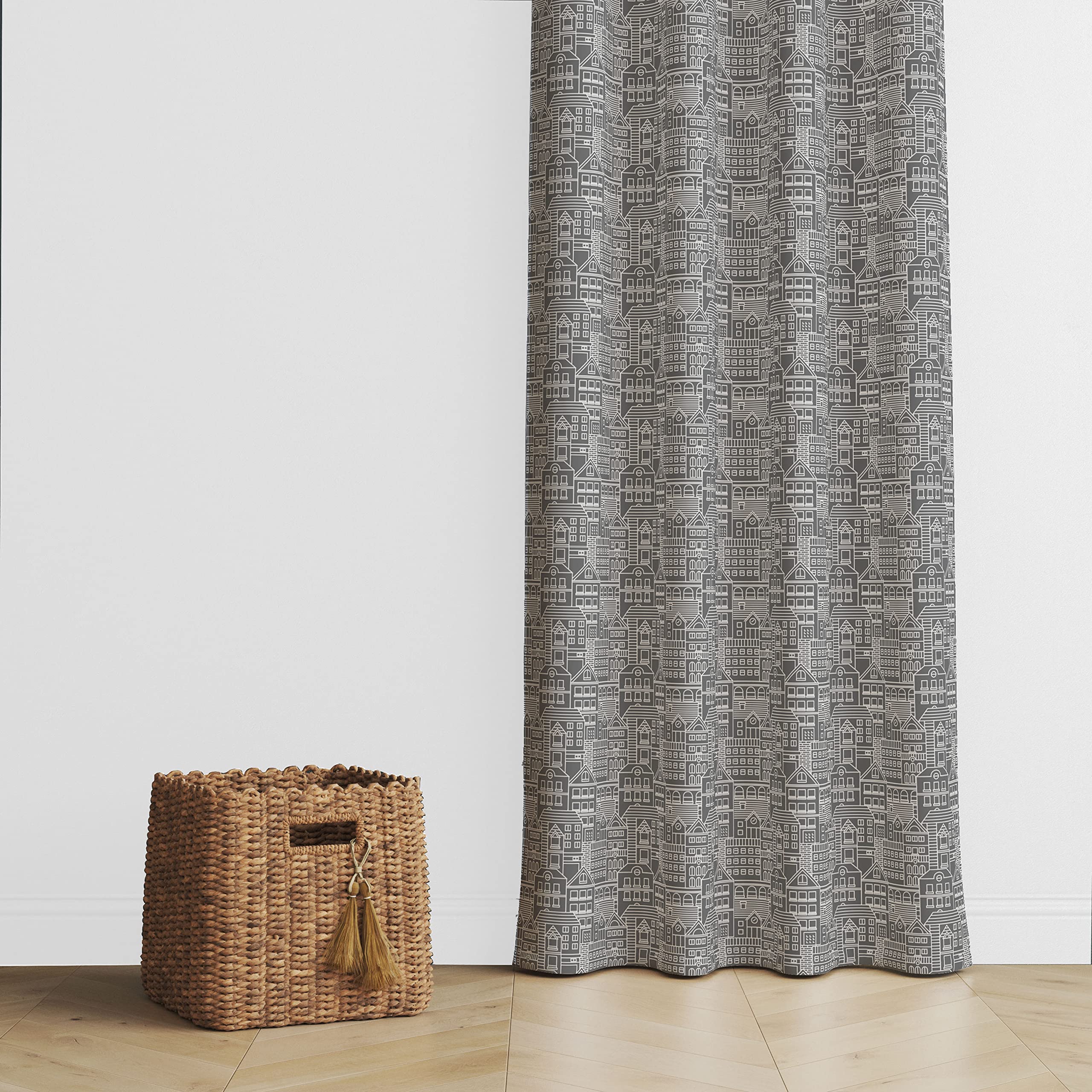 Bacati 2 Pack Light Filtering Curtain Panels - Cityscape Reverse Dark Grey/White Charcoal Window Drapes for Living Room, Bedroom & Office - Soft Sheer Privacy Curtains with Modern Urban Design