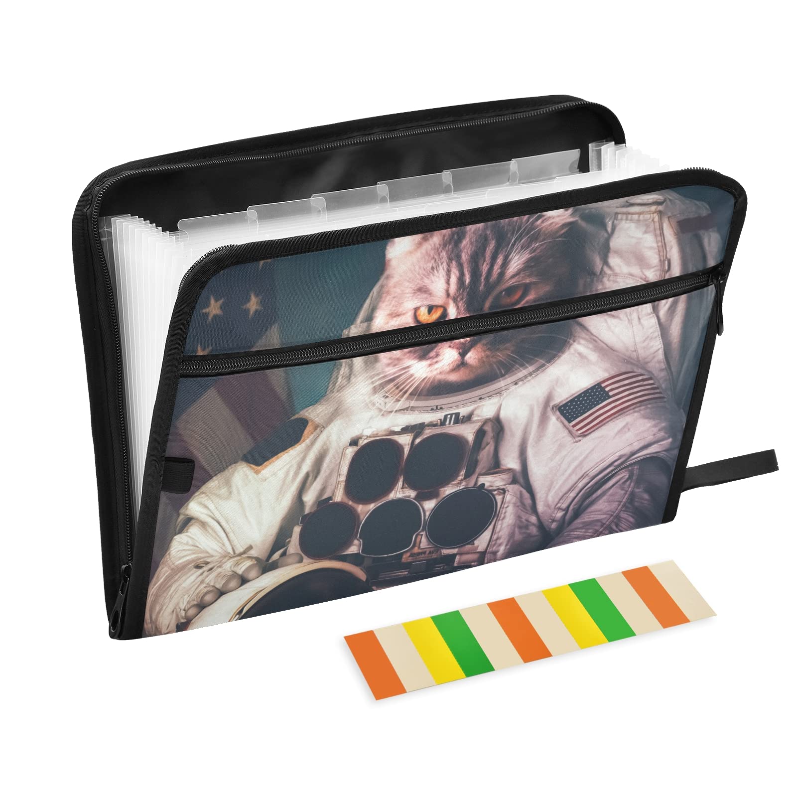 UMIRIKO Cat Astronaut 13-Pocket Expanding File Folder with Sticky Labels - A4 Letter Size Accordion Document Organizer with Zipper Closure - Perfect for Office, School, and Home Organization (20220440)
