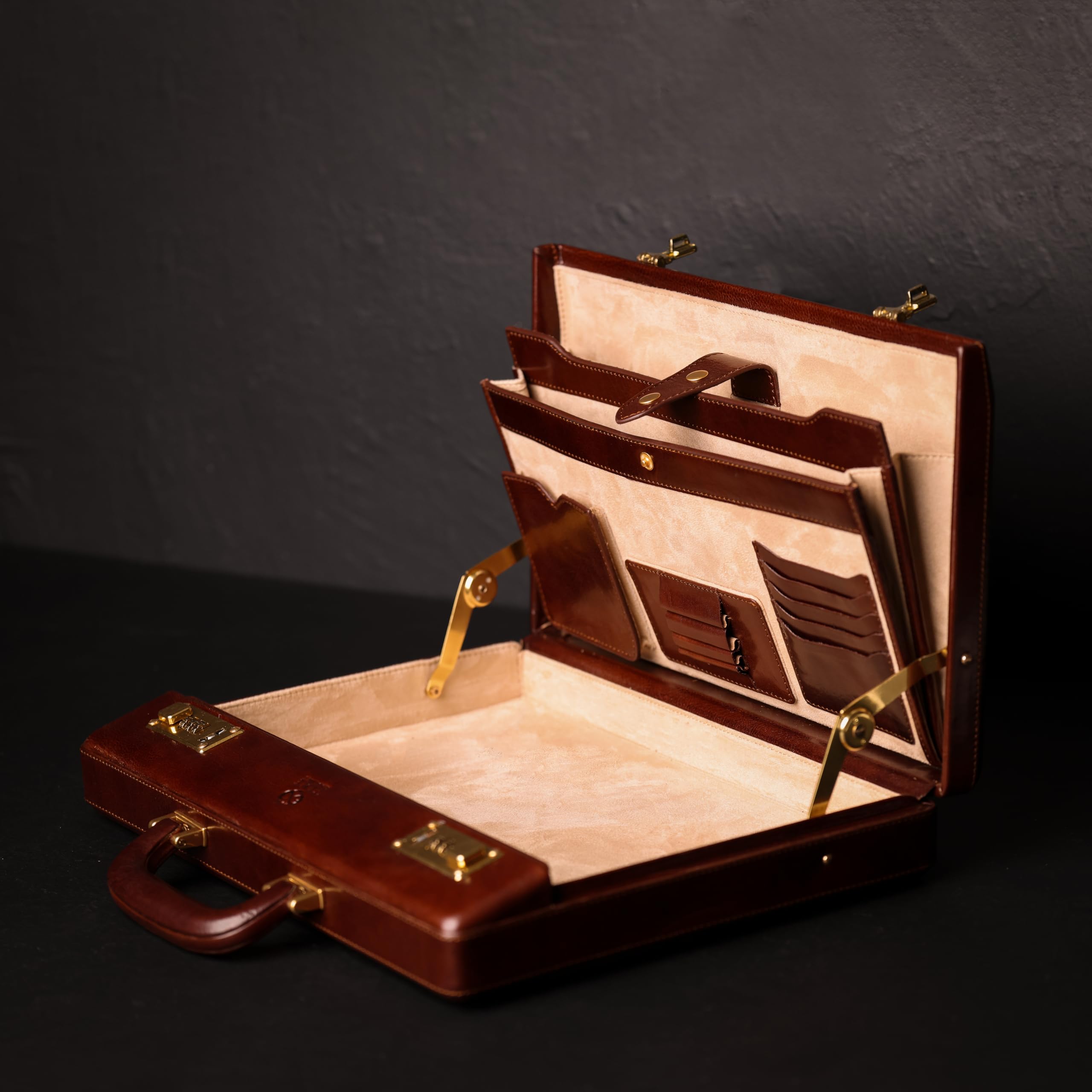 Premium Full Grain Italian Leather Briefcase - Durable Time-Resistant Attache Case with Lock - Fits Laptop up to 15