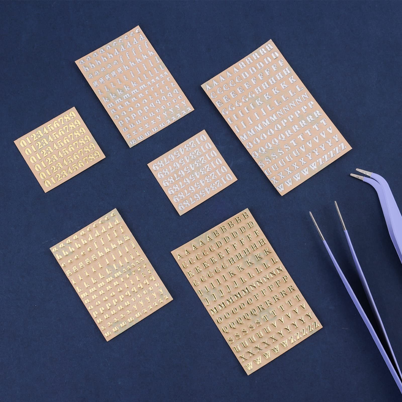 SAVITA 18 Sheets Small Self-Adhesive Glitter Alphabet & Number Stickers - Metallic Letter Stickers for Scrapbooking, DIY Crafts, Photo Albums, Journals, and Card Making - Includes 2 Tweezers for Easy Application