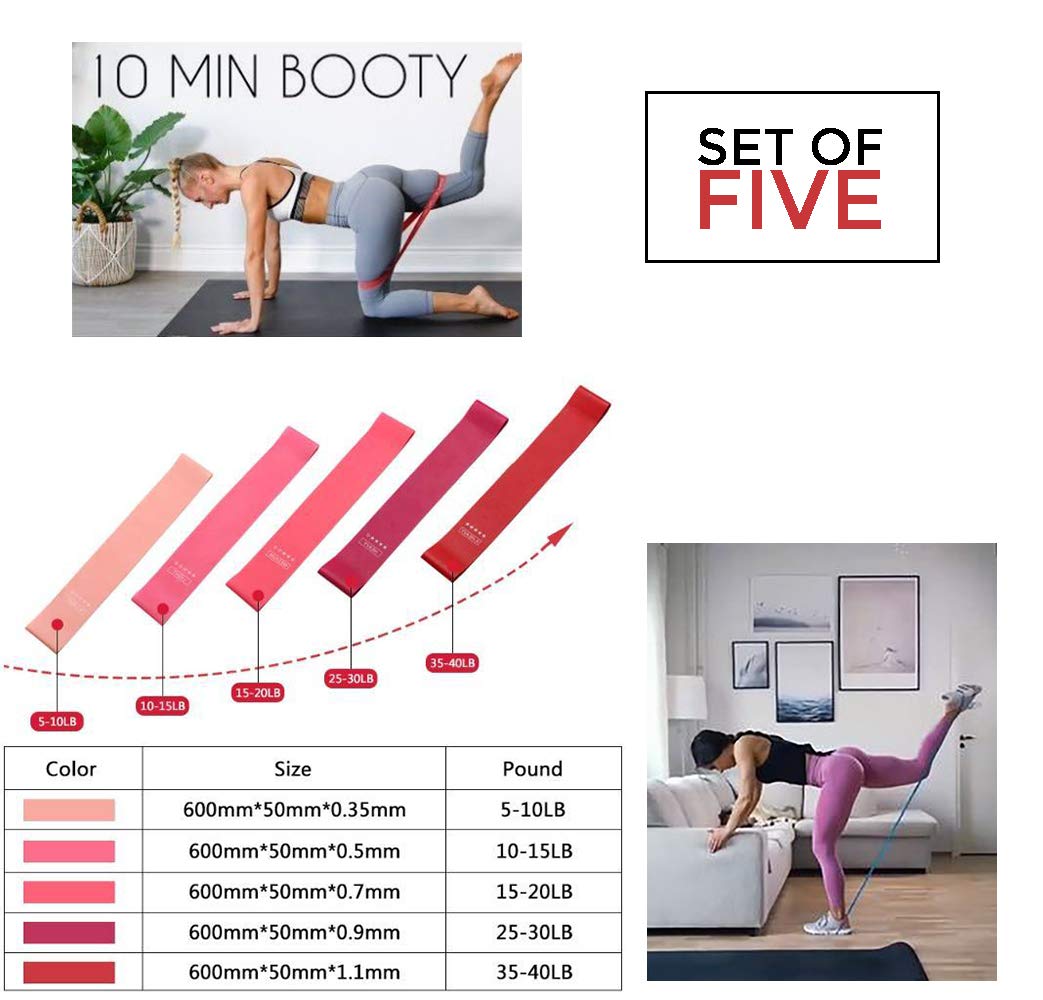 5 Pack Non-Slip Resistance Booty Bands with Travel Pouch - Premium Barre Exercise Bands for Legs & Glute Workouts - Home Fitness, Squats, Yoga, Pilates & Physical Therapy - Perfect for Women's Workout, Gym & Stretching Routines (Ideal for Home Exercise, Studio Training & Physical Rehabilitation)