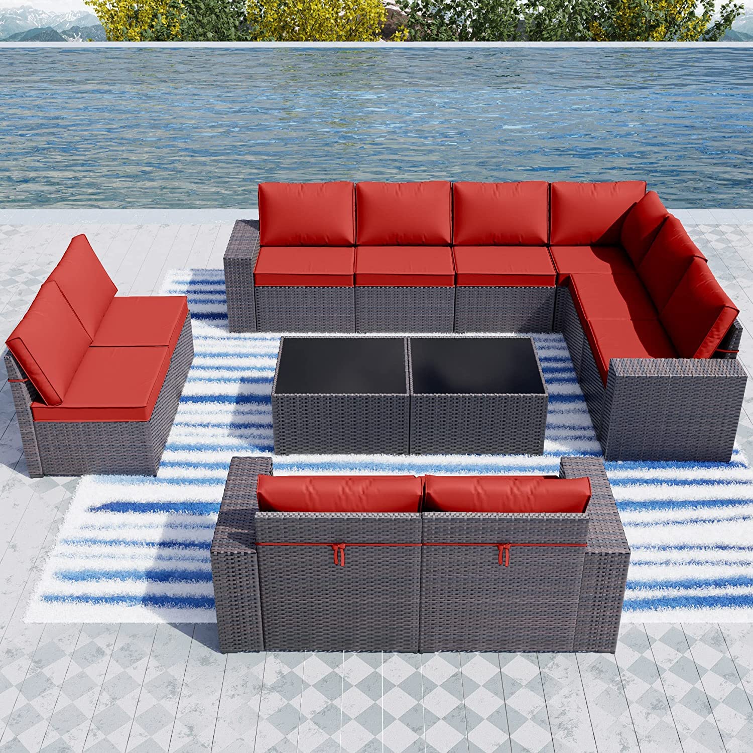 Kullavik 12-Piece Outdoor Patio Furniture Set - Brown PE Rattan Wicker Sectional Sofa with 10 Red Cushions & 2 Tempered Glass Tables - Perfect for Garden, Poolside, and Backyard Relaxation