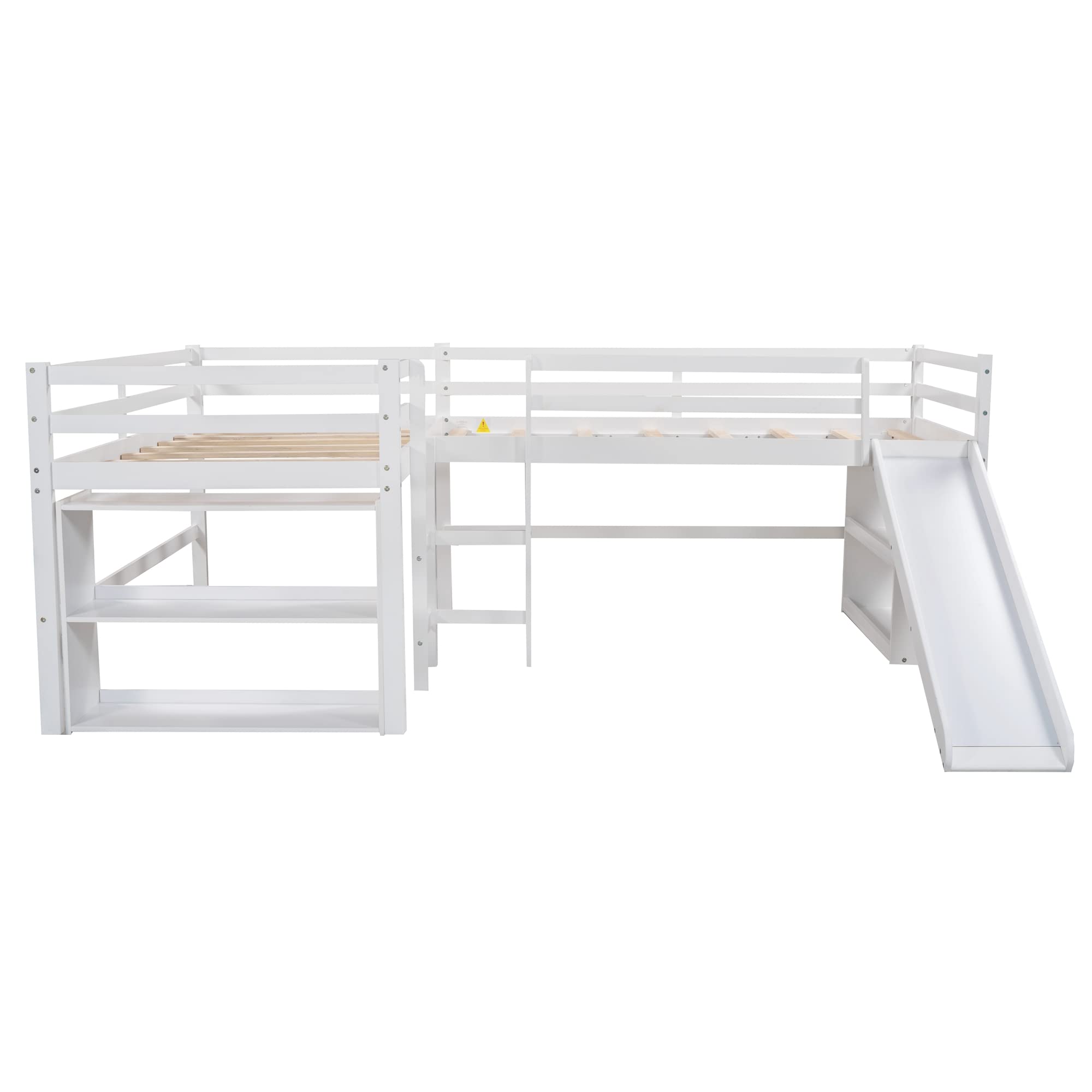 Twin Size L-Shaped Loft Bed with Slide & Movable Two-Tier Shelves - Space-Saving Kids Furniture for Small Bedrooms (White) | Perfect for Dorm Rooms, Playrooms & Tiny Homes