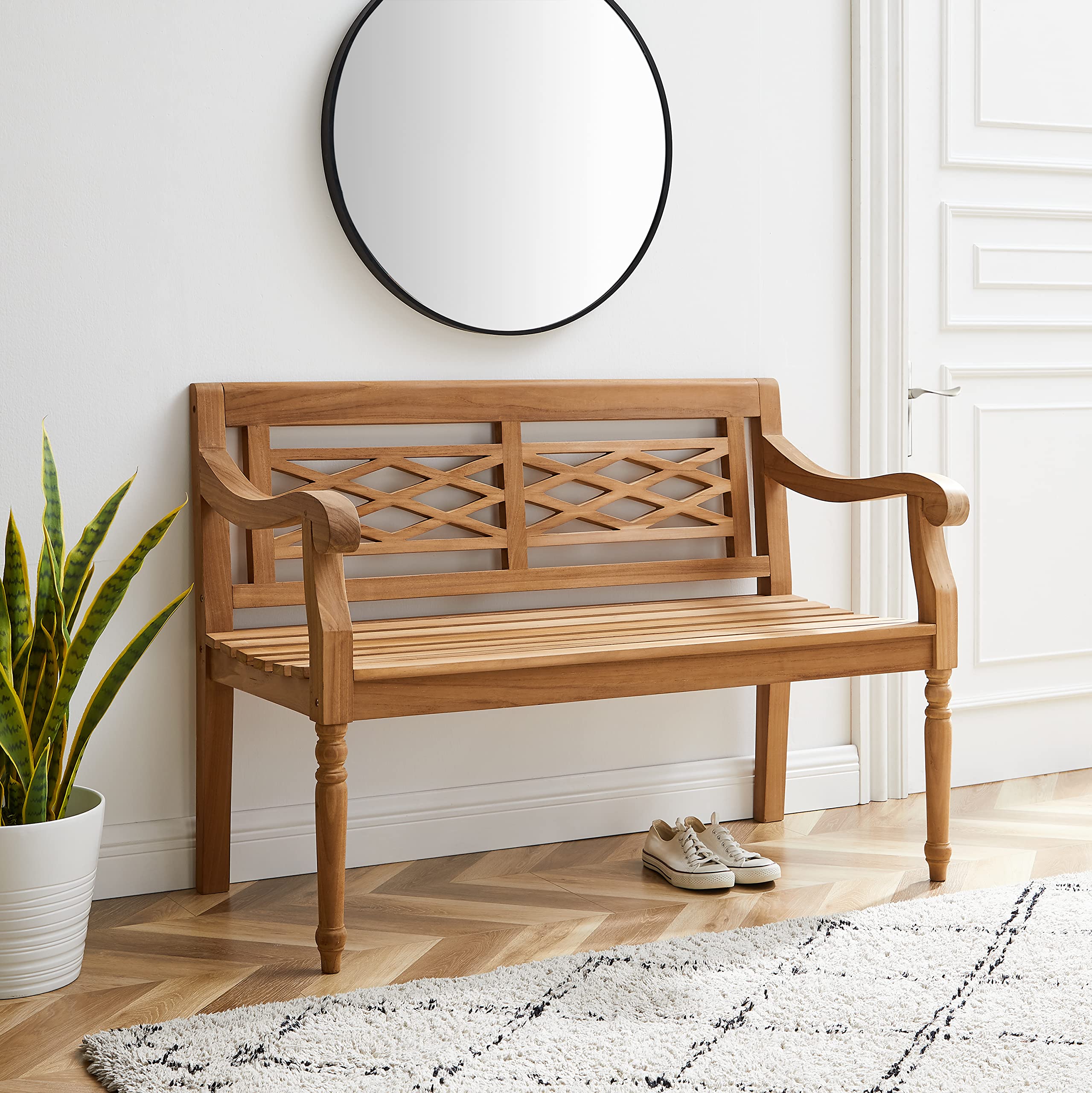 Crosley Olivier 2-Person Teak Wood Indoor Outdoor Bench - Patio, Garden, Porch Furniture - Weather-Resistant Teak Wood Bench for Outdoor Seating & Relaxation
