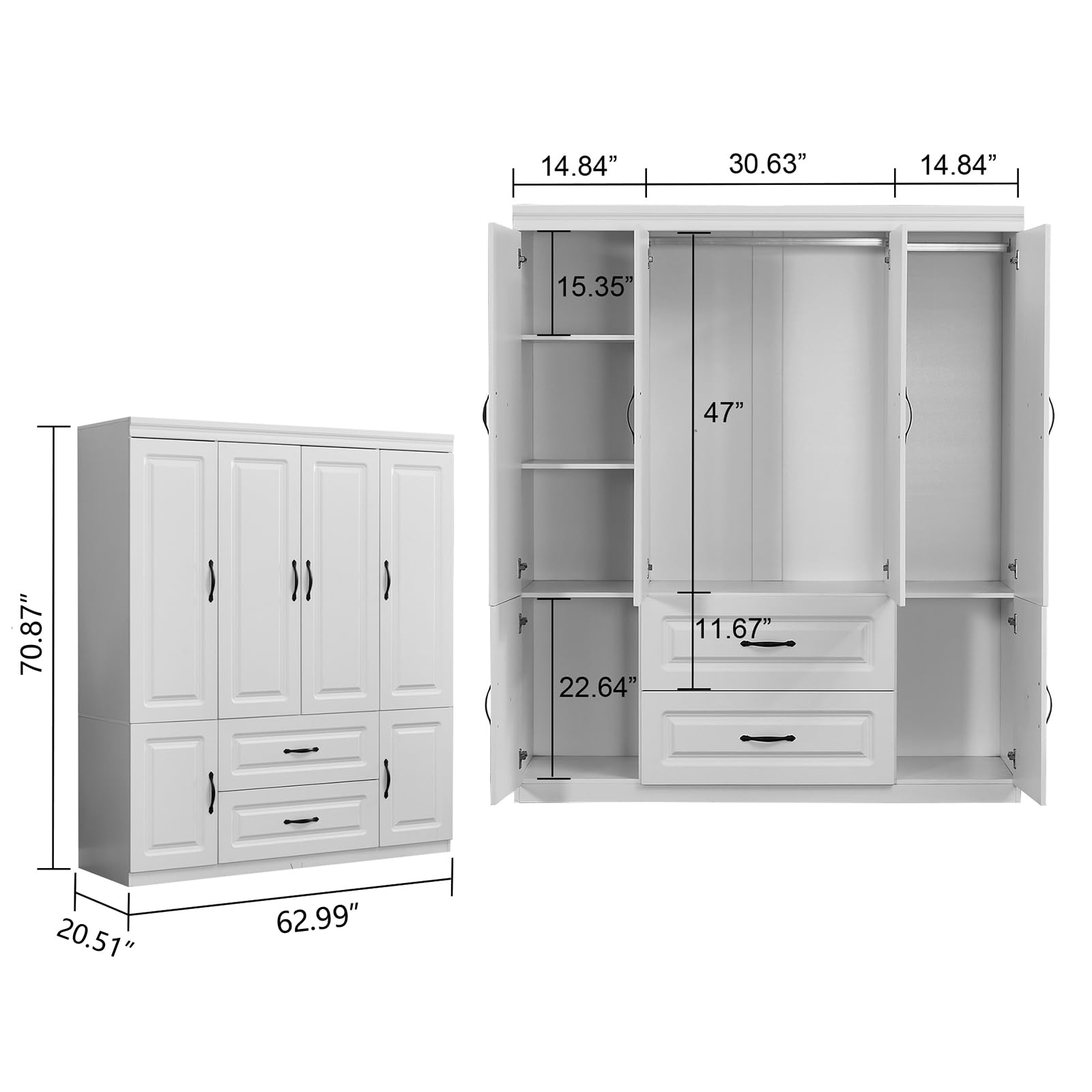 4-Door Armoire Wardrobe Closet with 2 Drawers & Hanging Rail - Tall Bedroom Storage Cabinet with Metal Handles, White - Perfect for Master Bedroom, Guest Room, and Apartment Organization