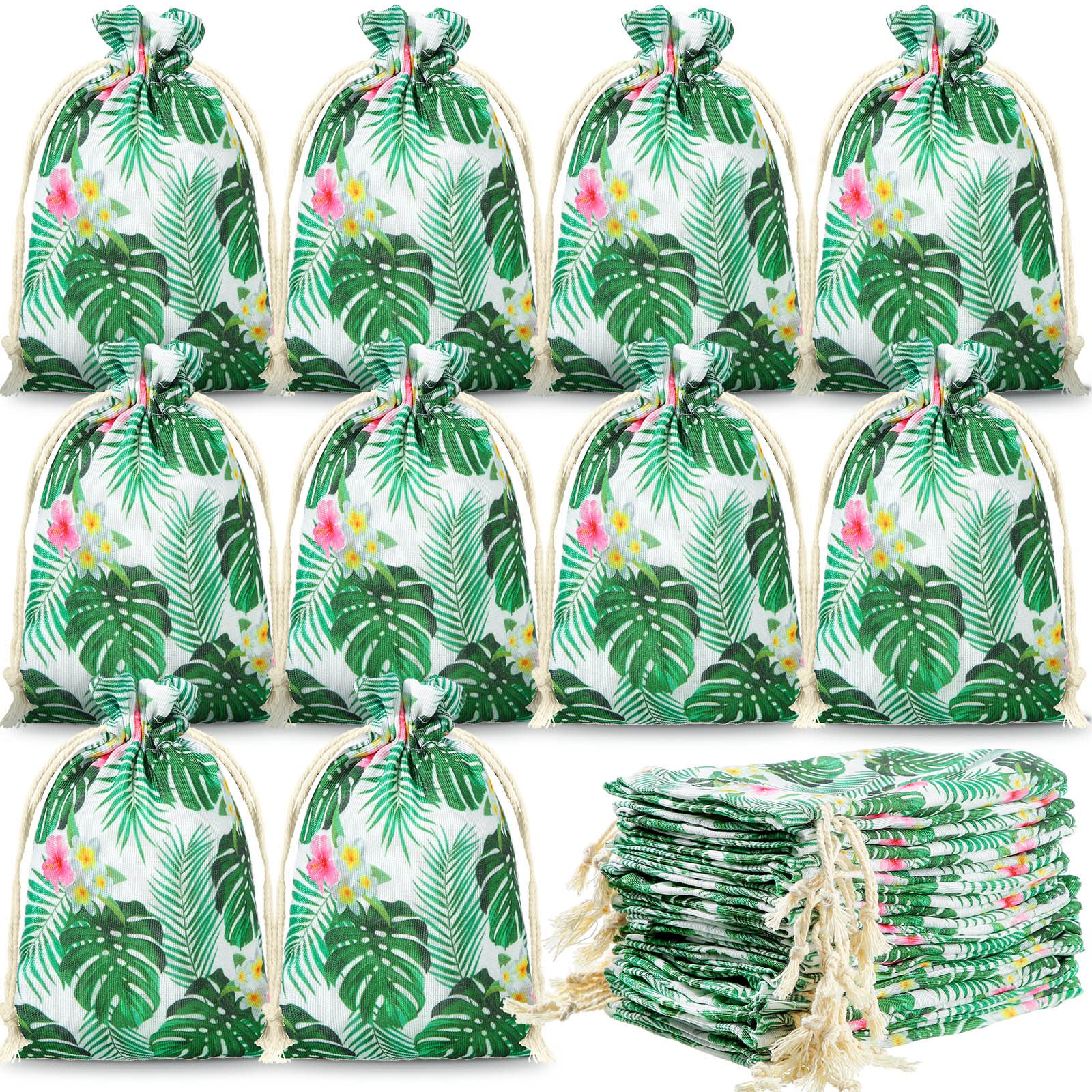 36 Pcs Hawaiian Tropical Gift Bags 4x6 Inch - Small Luau Party Favor Bags with Drawstring - Summer Palm Leaf Treat & Jewelry Pouches for Luau Birthday, Beach Party, Bridal Shower & Tropical Themed Events