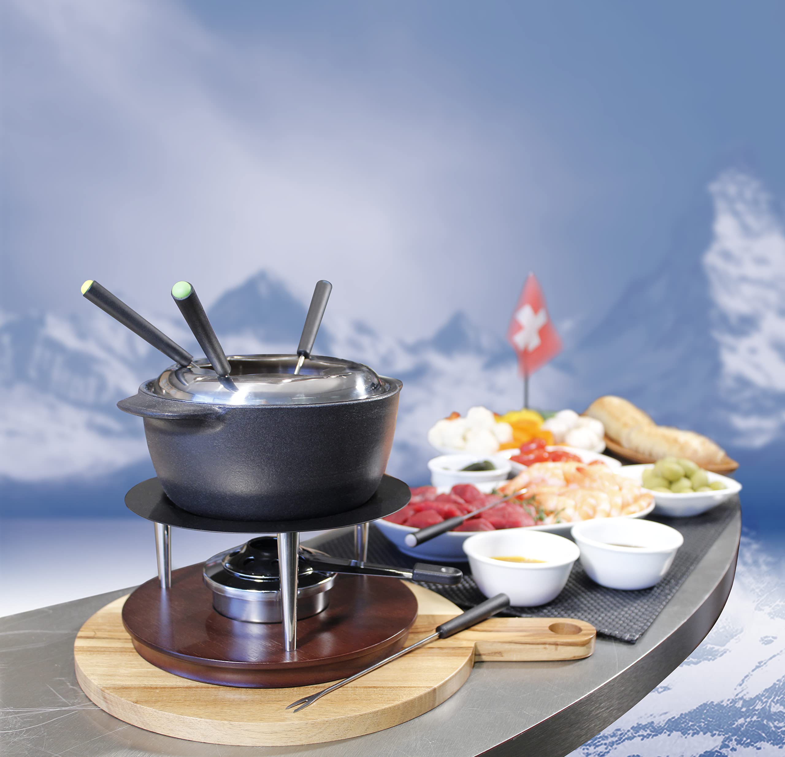 Premium Swissmar Summit 10-Piece Matte Black Cast Iron Fondue Set - Perfect for Cheese, Chocolate & Butter Melting - Elegant Kitchen Essential & Wedding Gift - 1L/1.05Qt Capacity - Great for Dinner Parties, Romantic Dates & Family Gatherings