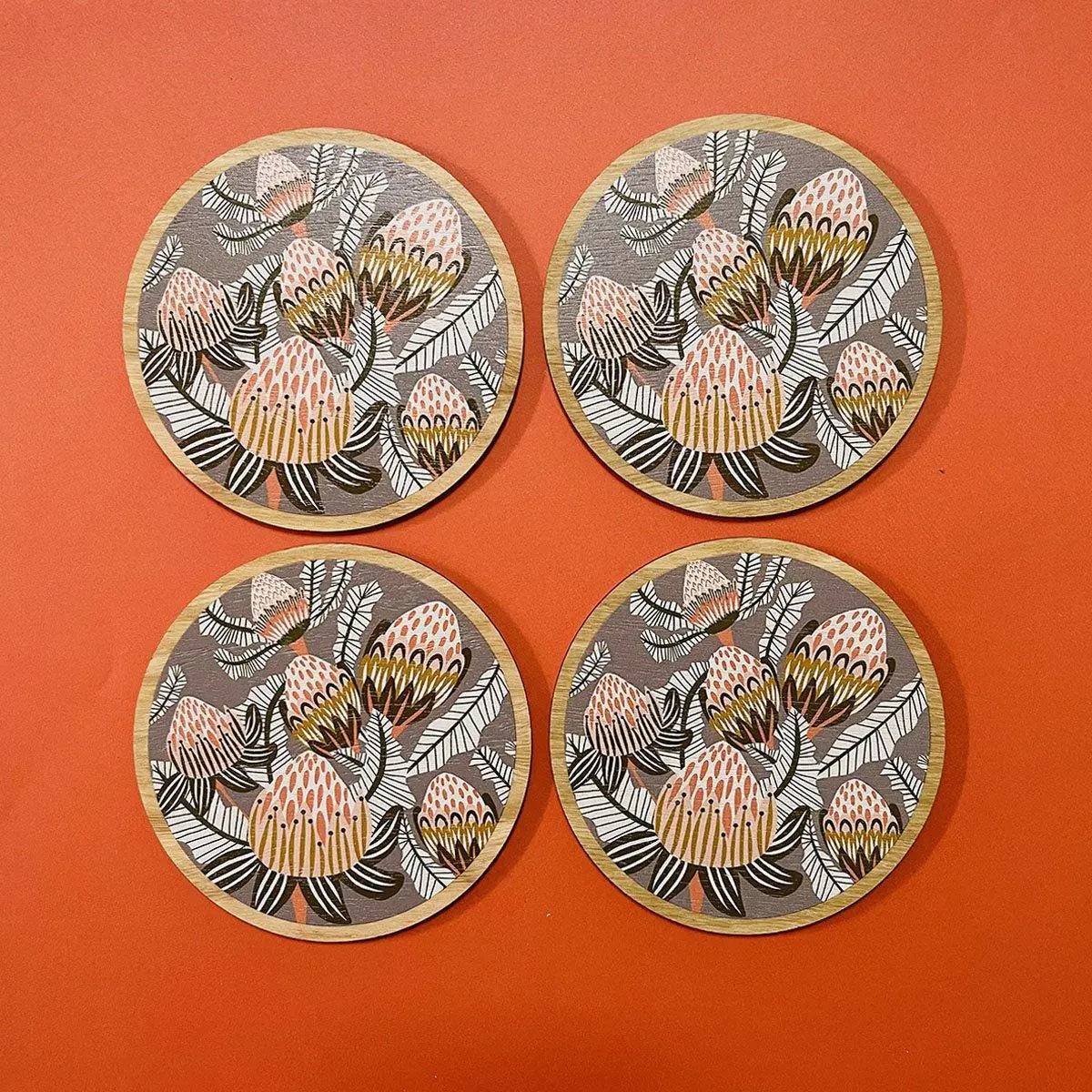 Bush Proteas Australian Wooden Coaster Set - 4-Piece Natural Wood Drink Coasters for Home & Bar Decor - Perfect for Protecting Tables from Hot & Cold Beverages