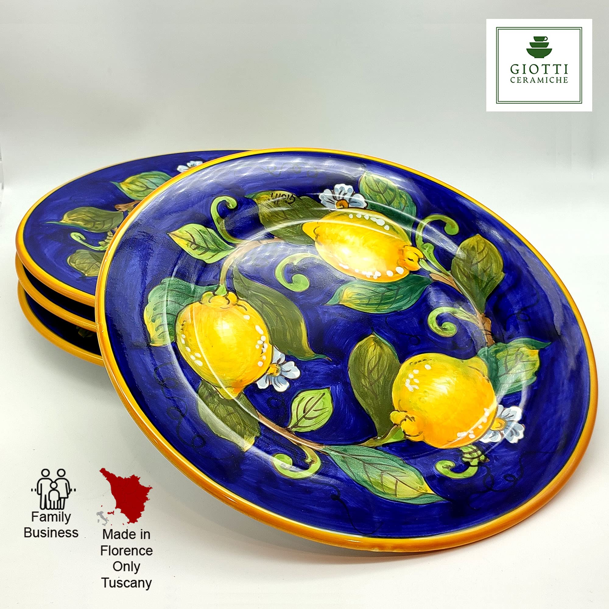 Italian Ceramic Dinnerware Set for 4 - Hand Painted Tuscan Pottery Plates, Bowls & Mugs - Blue Lemon Design - Authentic Made in Italy Home Decor - Perfect for Family Dinners, Entertaining Guests & Kitchen Decor