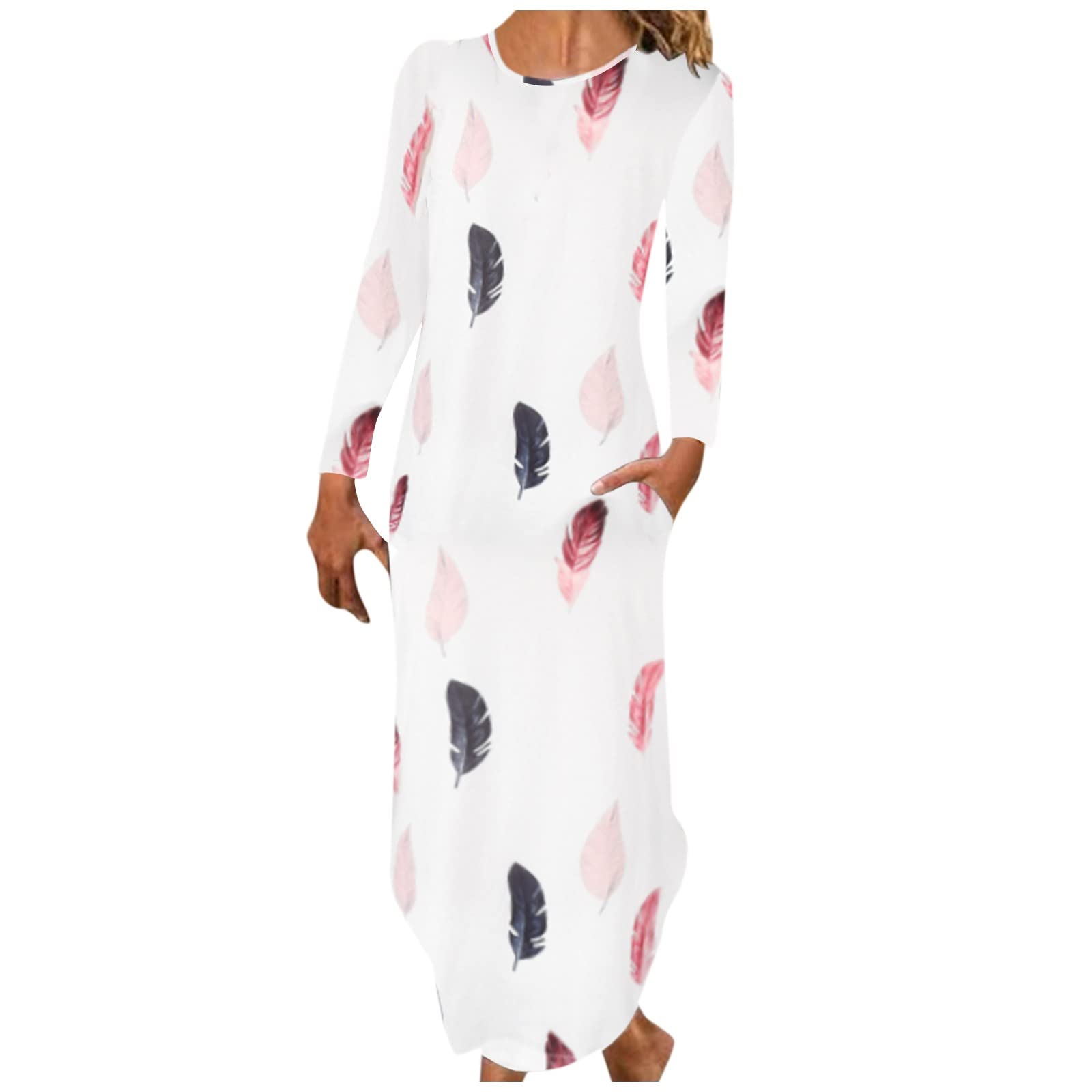 Women's Floral Print Long Sleeve Maxi T-Shirt Dress - Casual Loose Fall Dress with Pockets | Perfect for Autumn Outings, Date Nights & Weekend Brunch