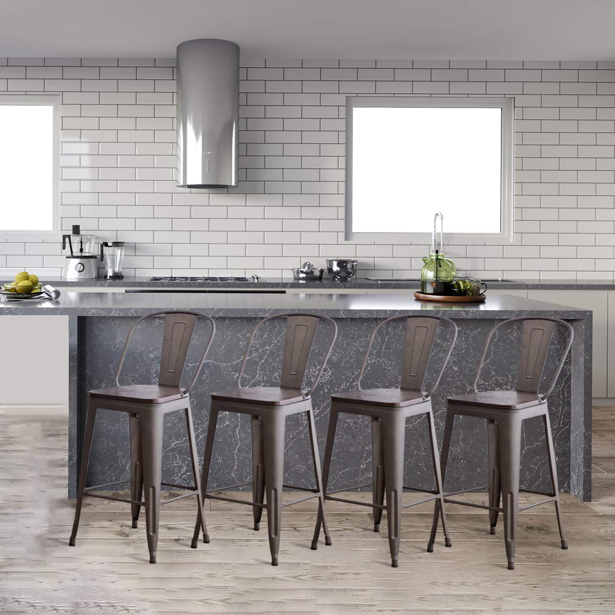 **Rustic Metal Counter Height Bar Stools Set of 4 - 26 Inch High Back Kitchen Counter Stools for Dining & Bar - Perfect for Farmhouse, Industrial, or Modern Kitchen Decor**