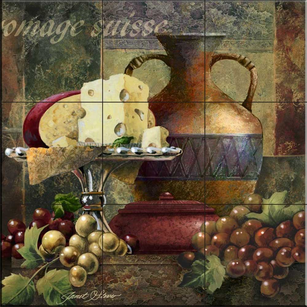 Ceramic Backsplash Tile Mural - Cheese and Grapes II by Janet Stever - Elegant Kitchen Wall Decor for Modern Homes & Restaurants