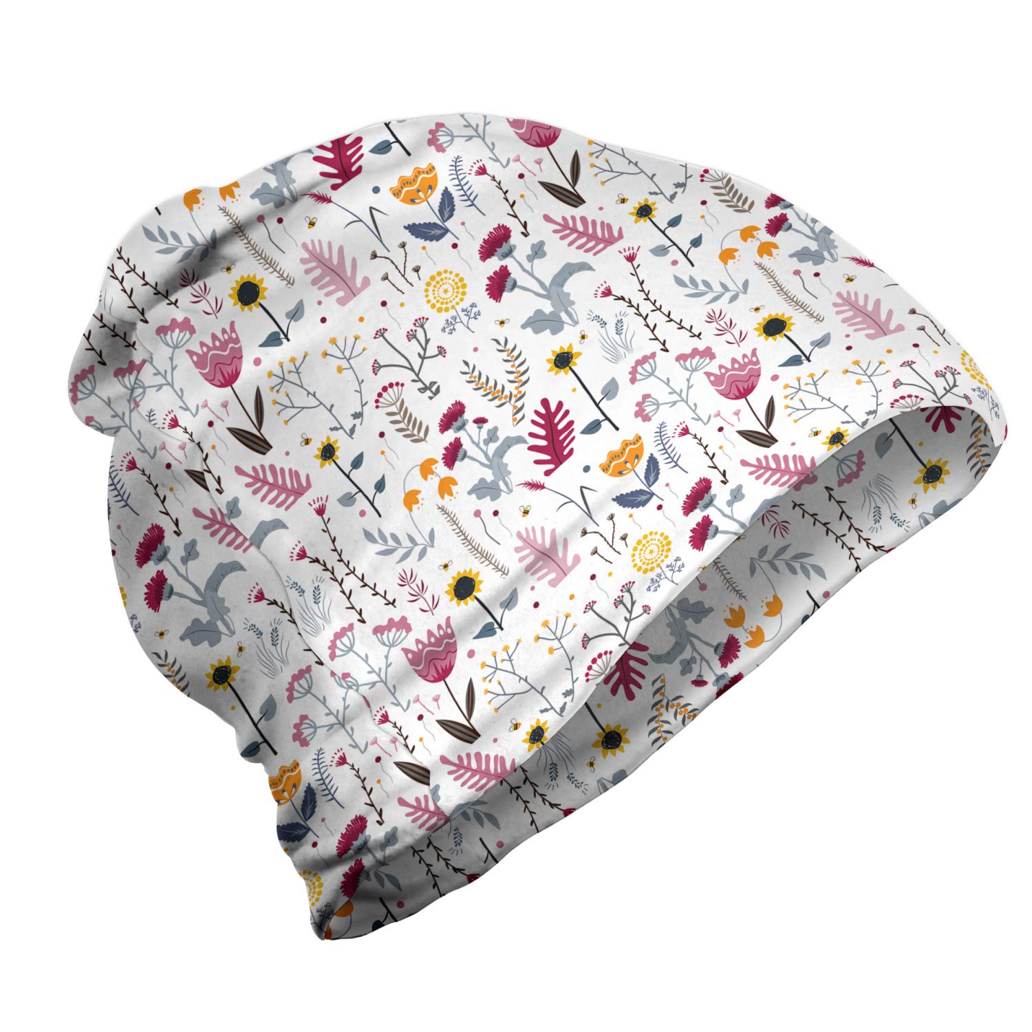 Ambesonne Unisex Beanie - Hand Drawn Wild Herbs Design, Multicolor Knit Hat for Hiking, Camping & Outdoor Winter Activities