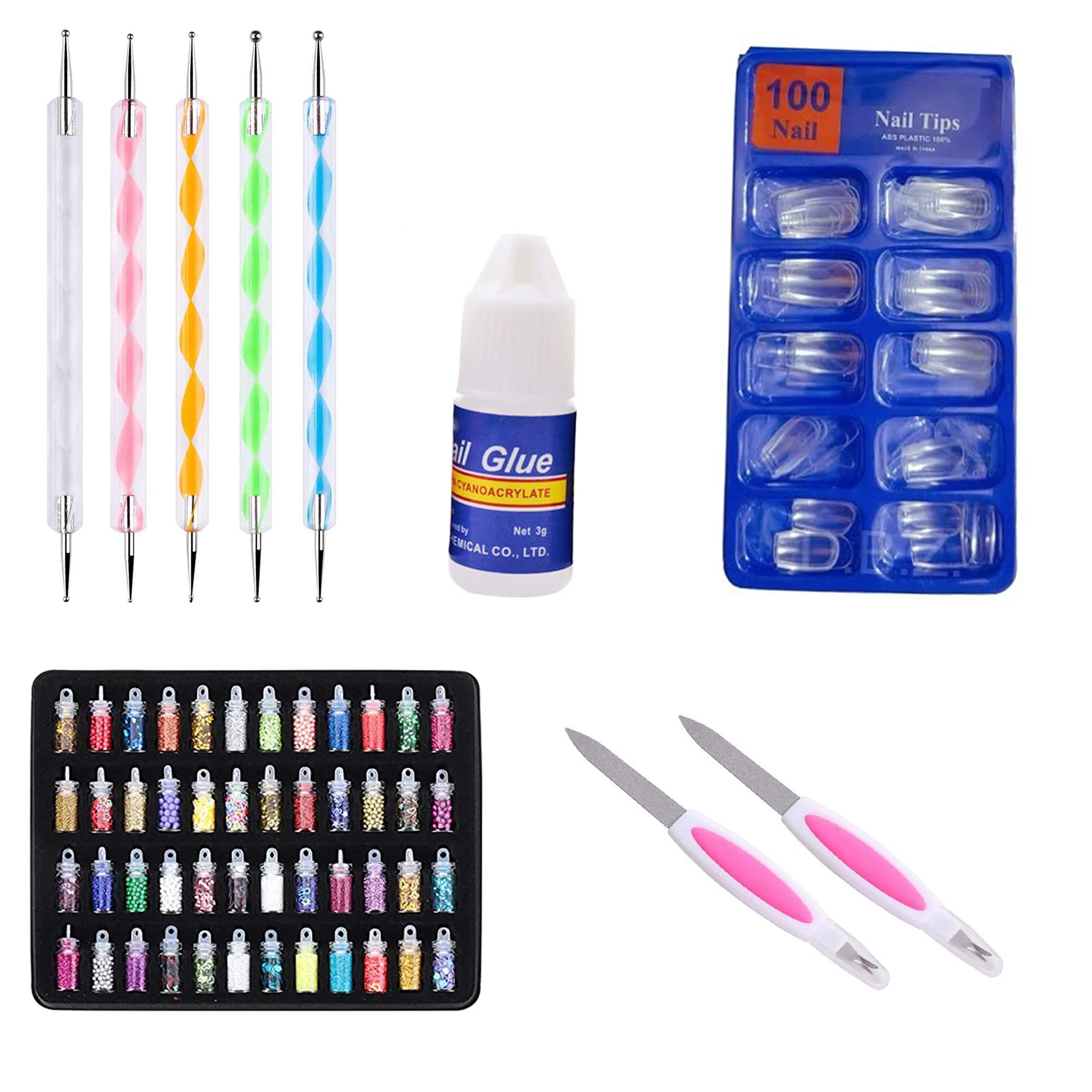 MAPPERZ 100pcs Clear Square Acrylic Nail Tips Kit with 48 Jars Glitter Set, Nail Glue, Cuticle Pusher & Dotting Tools - DIY Nail Art Supplies for Salon, Home Manicure & Party Makeup