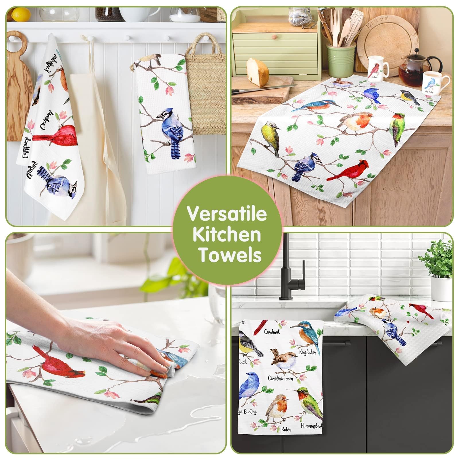 Vansolinne 4-Pack Bird-Themed Kitchen Towels Set - Cardinal, Hummingbird, Bluejay Printed Absorbent Dish Cloths for Cleaning, Drying, Cooking & Baking | Perfect Gifts for Bird Lovers & Home Decor | Ideal for Kitchen, Dining, Tea Parties & Housewarming Gifts
