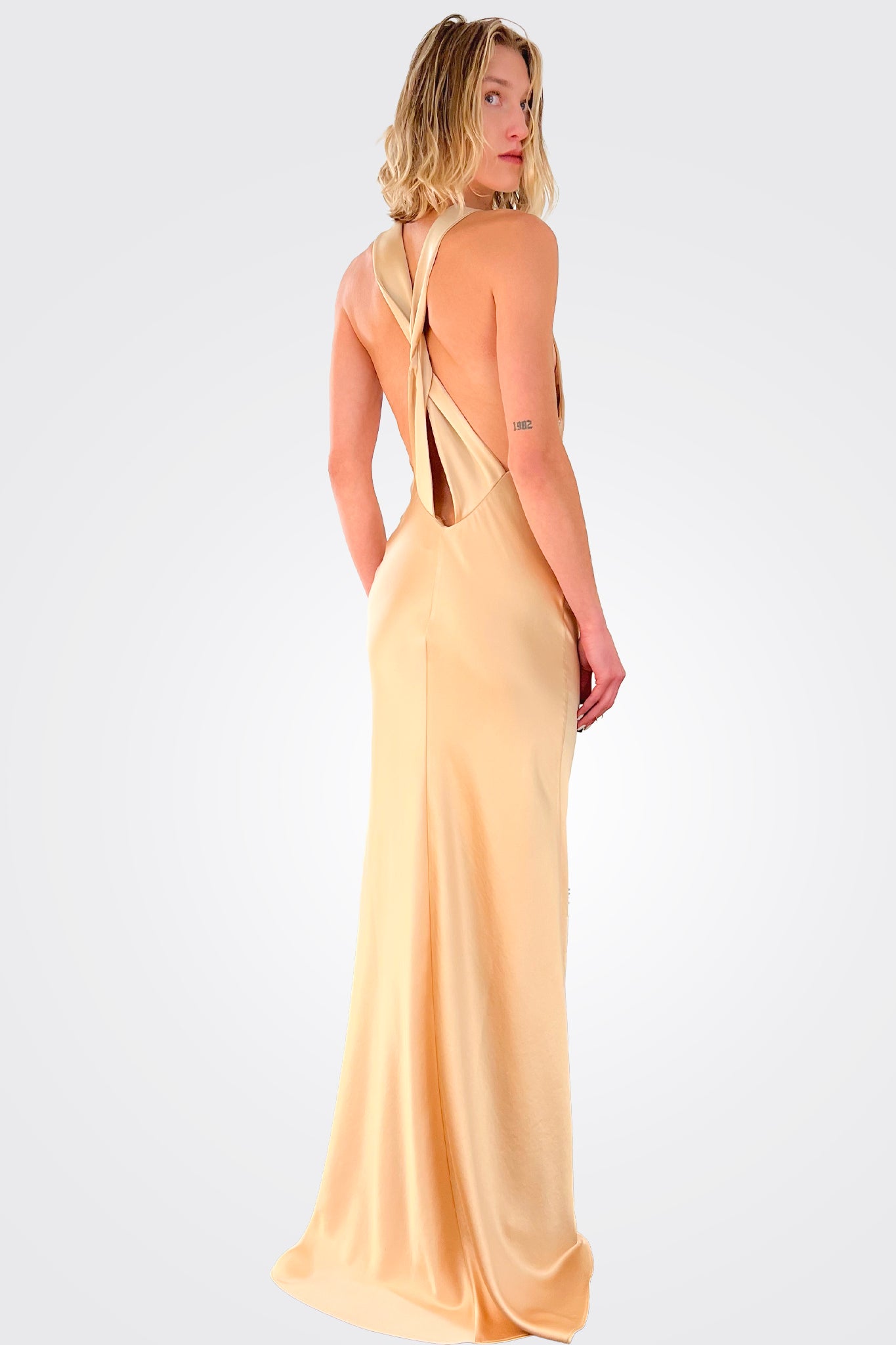 Elegant Eliah Cross Back Dress in Champagne - Perfect for Weddings, Parties & Special Occasions