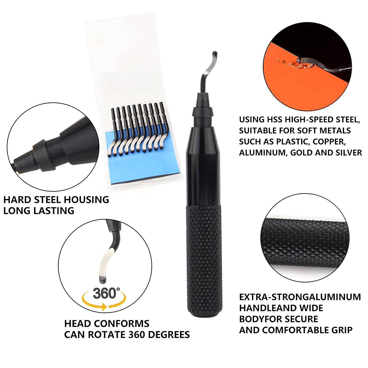 Professional Hand Deburring Tool Kit Set - 10pcs Multi-Purpose Deburring Tools for Wood, Plastic, Aluminum, Copper & Steel (Black) - Perfect for DIY Projects, Metalworking & Woodworking