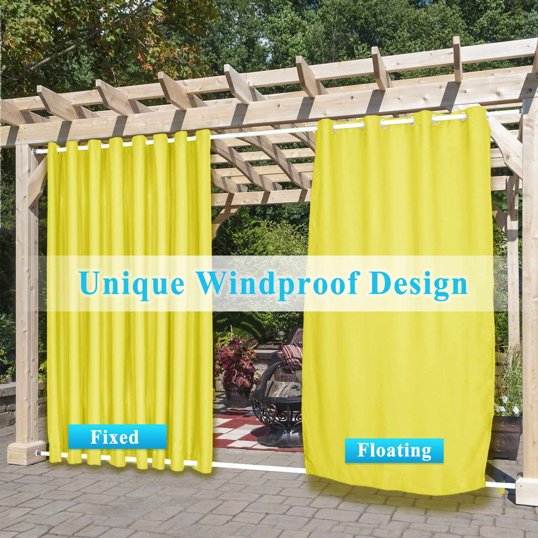 Frelement Extra Wide Outdoor Curtains - Windproof & Privacy Protection - Rustproof Grommet Drapes for Gazebo, Pergola, Patio (150W x 102L, Yellow, 1 Panel) - Perfect for Outdoor Living Spaces & Sun Protection