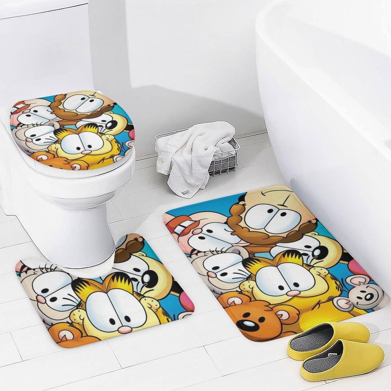 Cute Cartoon Cat Shower Curtain Set with Non-Slip Bath Rug, Toilet Lid Cover & Bath Mat - Waterproof Bathroom Decor Set for Kids & Adults - Perfect for Themed Bathrooms, Pet Lovers & Gift Giving