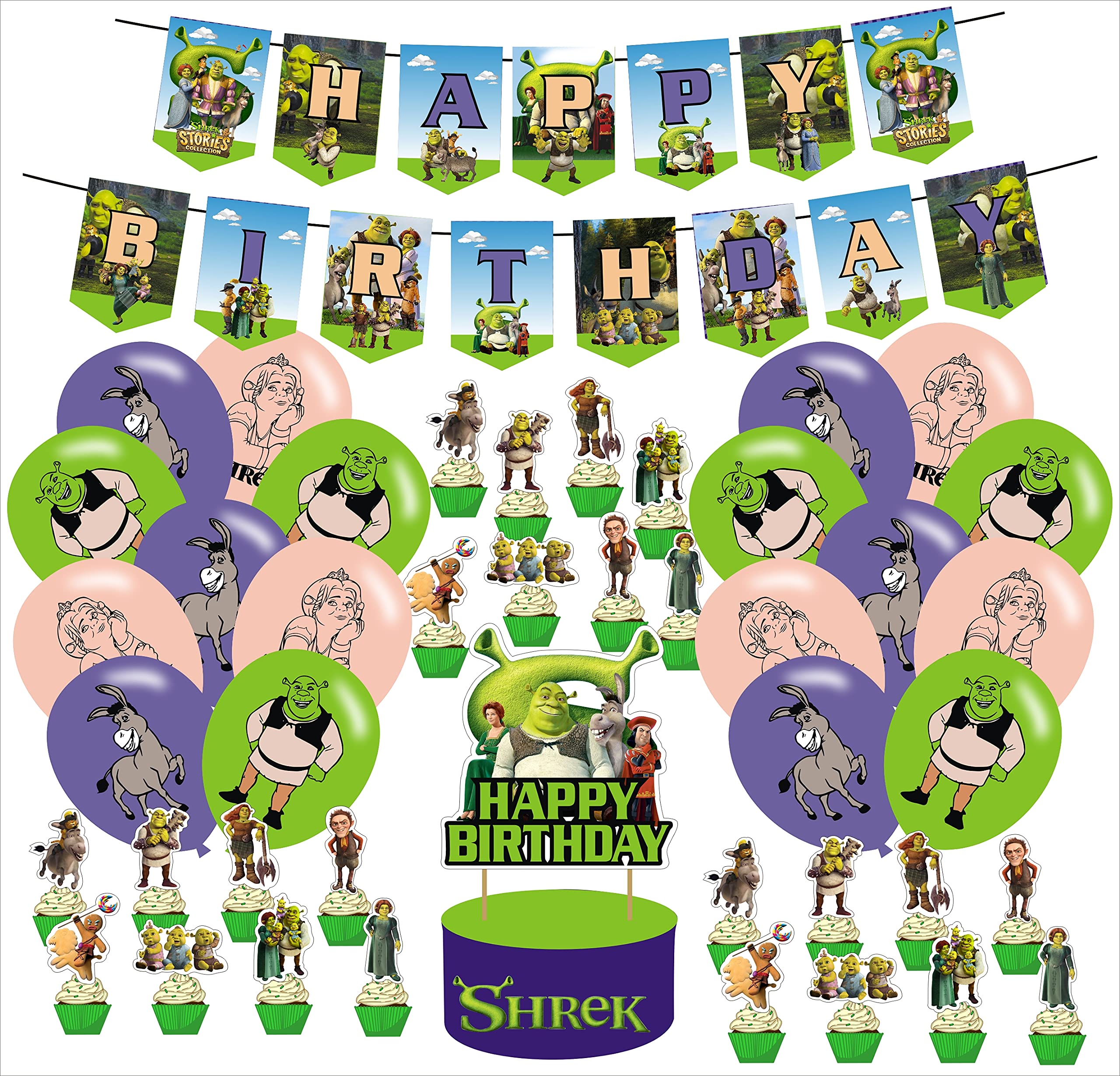 Shrek Birthday Party Decorations Set - Includes Cake Topper, Banner, Cupcake Toppers & Balloons for Shrek Themed Party Supplies | Perfect for Kids Birthday, Movie Night & Themed Celebrations
