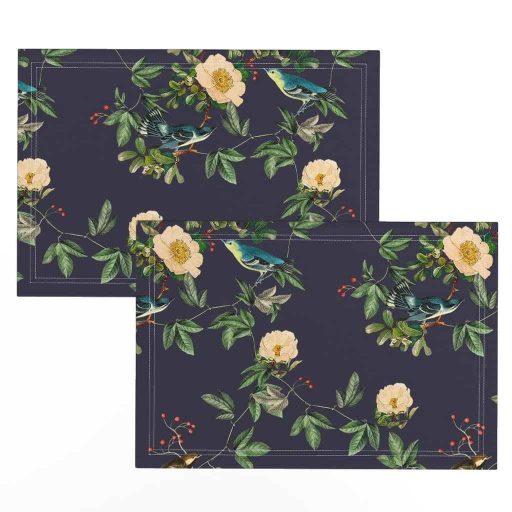 Wild Rose Vintage Floral Bird Print Linen Cotton Canvas Placemats (Set of 2) - Victorian Climbing Style Table Decor for Dining, Kitchen, and Party Settings