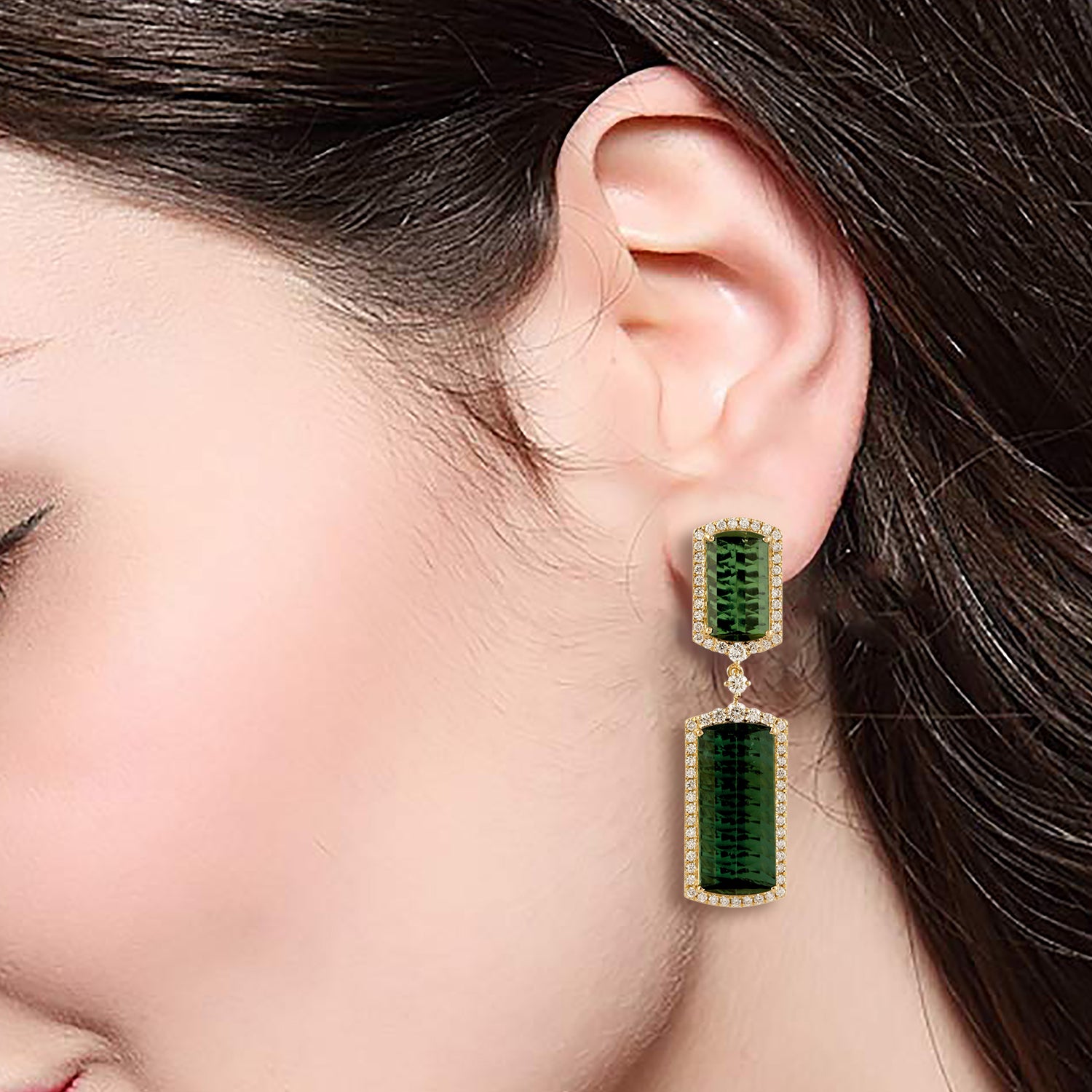 18K Yellow Gold Green Tourmaline Pave Diamond Dangle Earrings for Women - Elegant Party & Evening Wear Jewelry Gift