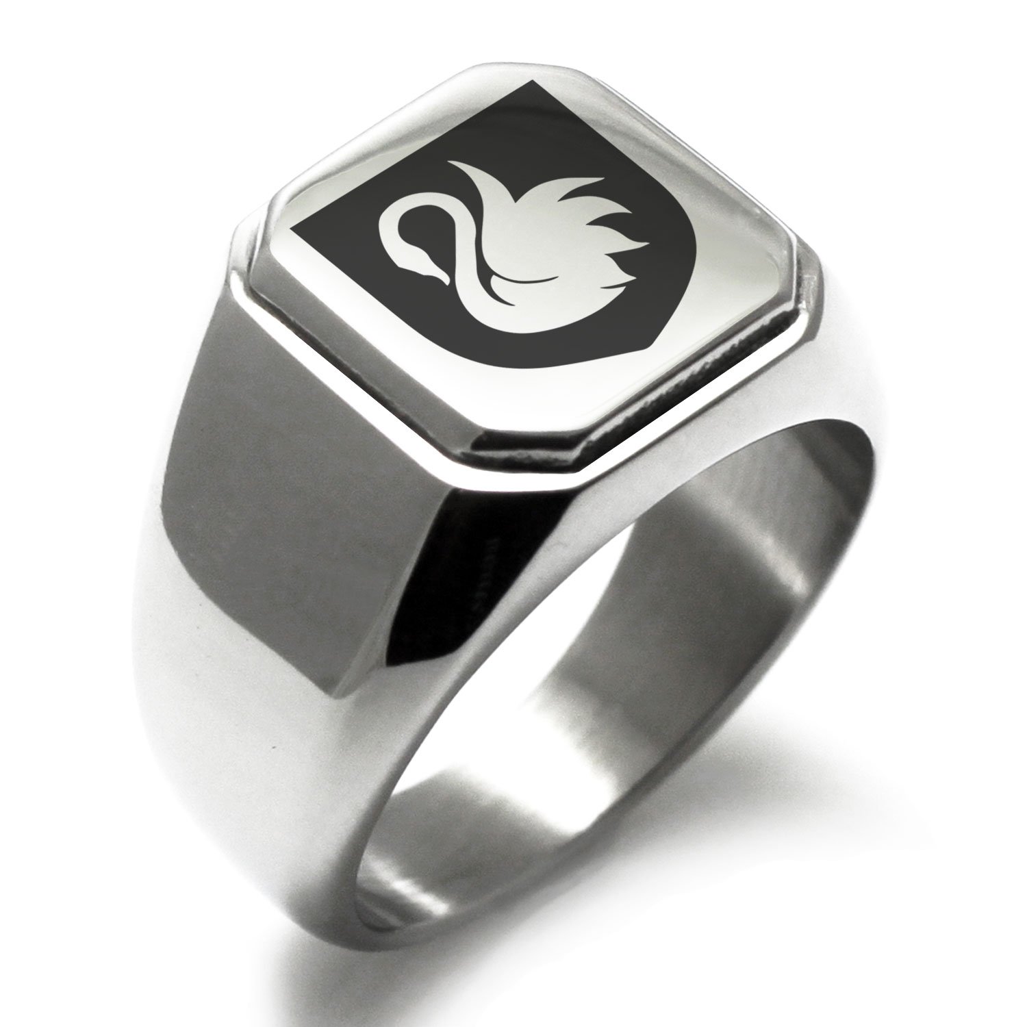 Stainless Steel Swan Crest Shield Ring - Polished Square Flat Top Biker Style Jewelry for Men & Women - Perfect for Gothic, Punk, and Motorcycle Fashion Accessories