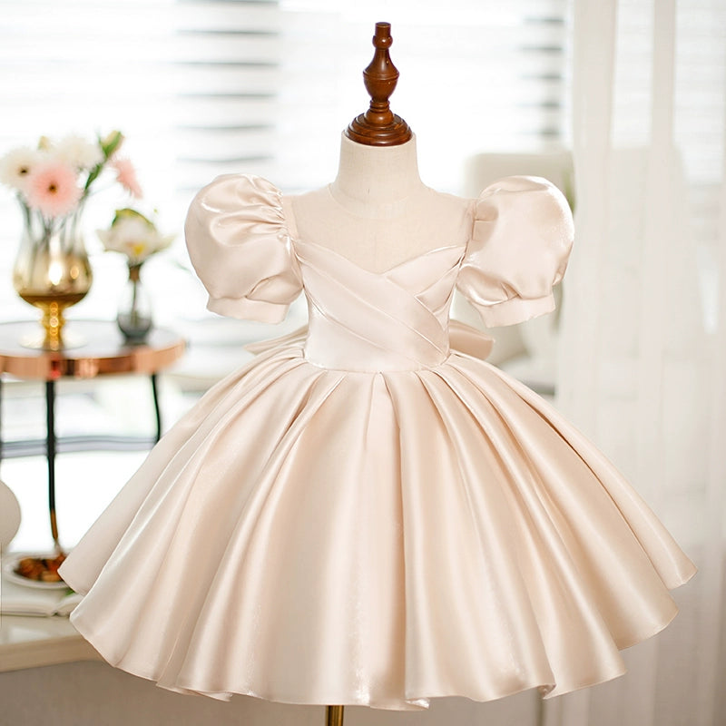 Champagne Princess Round Neck Tea-Length Satin Flower Girl Dress for Weddings, Parties & Special Occasions