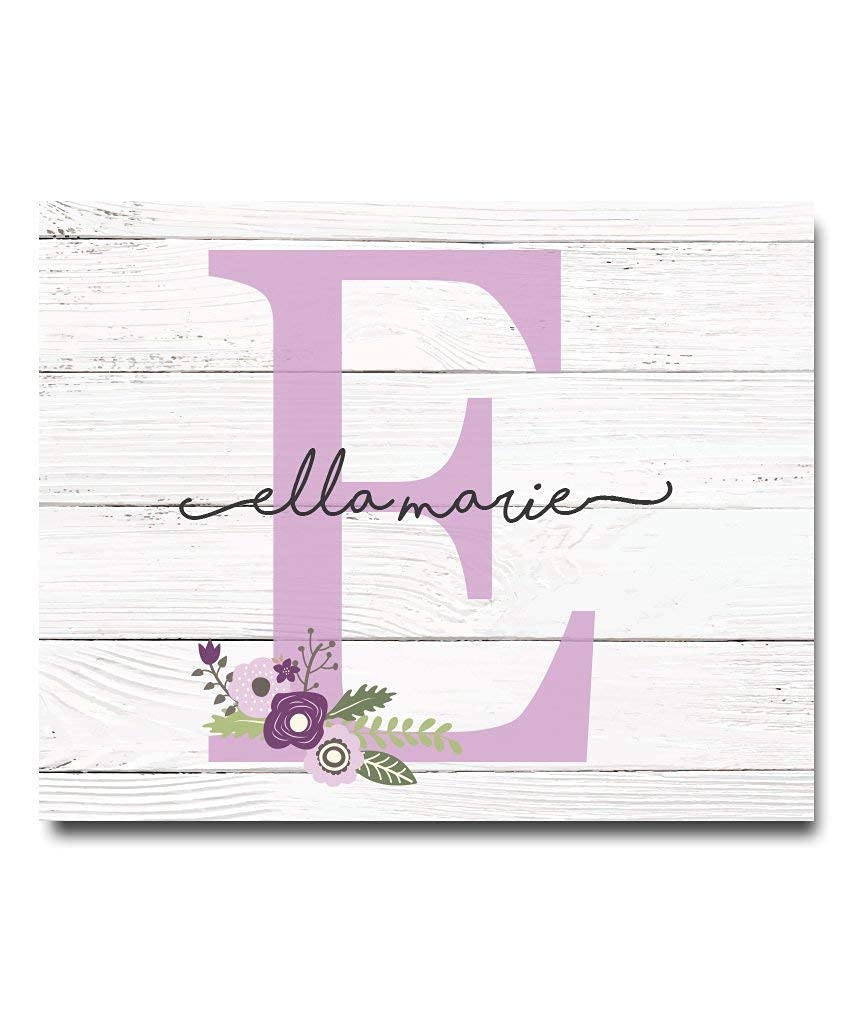 Personalized Girls Monogram Paper Art Print - Wood Nursery Wall Decor, Rustic Name Sign for Baby Room, Purple Floral Nursery Art, Dorm & Girls Bedroom Decoration - Perfect for Baby Showers, Birthday Gifts & Room Makeovers