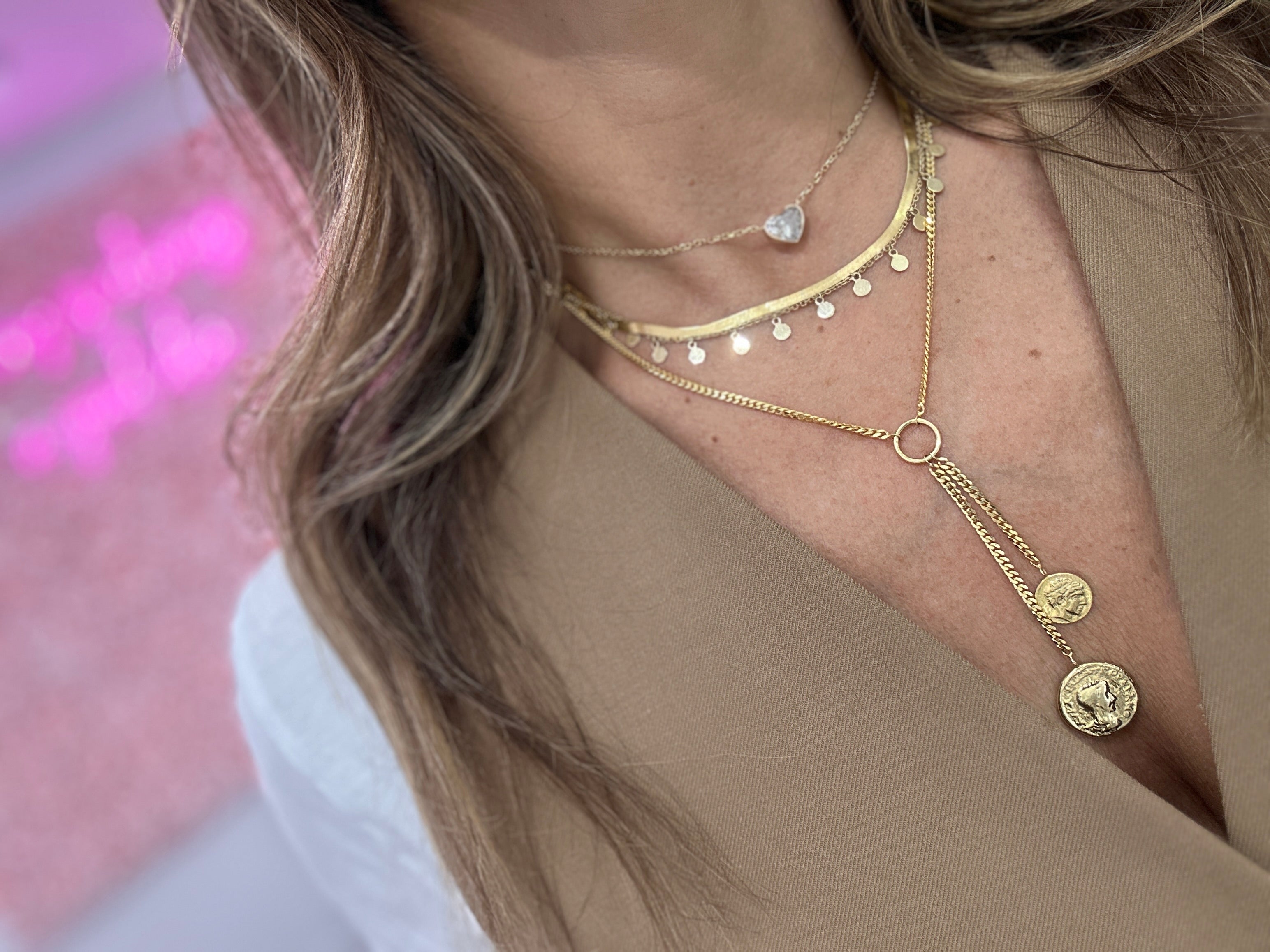 14K Gold Double Coin Lariat Necklace for Women - Elegant Layered Y Necklace for Everyday Wear & Special Occasions
