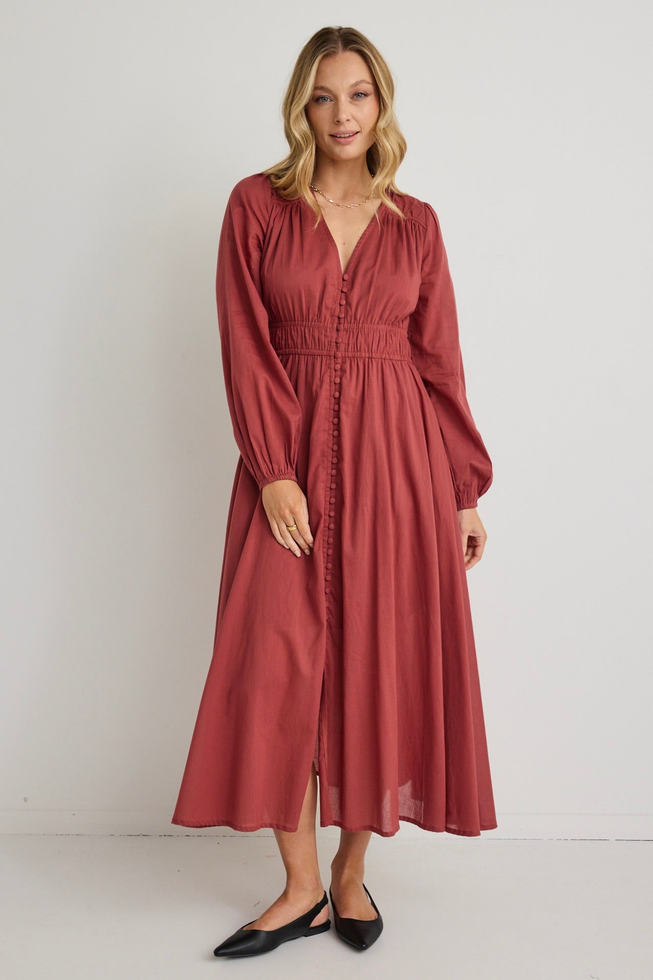 Gala Clay Long Sleeve Button Front Tiered Maxi Dress for Women | Elegant Boho Chic Flowy Dress for Fall Weddings, Parties & Special Occasions