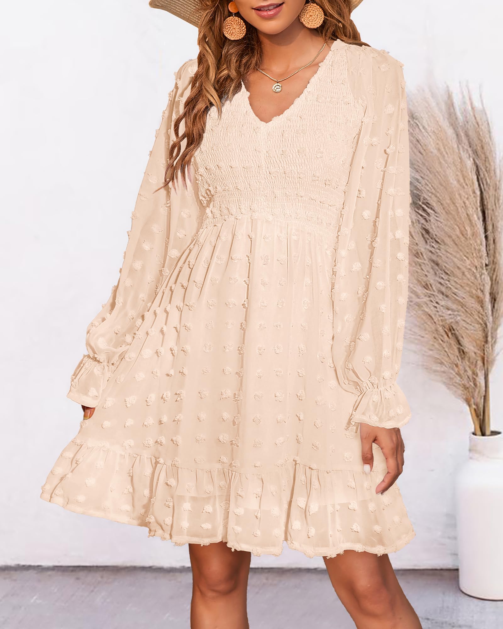 BTFBM Women's Smocked Short Dress - V Neck Long Sleeve Swiss Dot Ruffle Chiffon Flowy Mini Dress for Spring Summer 2025 | Casual Party, Date Night, Beach Cover Up, Vacation Outfit