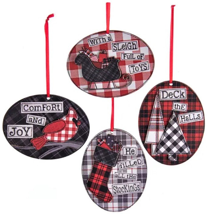 4.5 Inch Gingham Holiday Wooden Oval Ornament - Christmas Tree Decoration, Festive Home Decor, Gift for Family & Friends