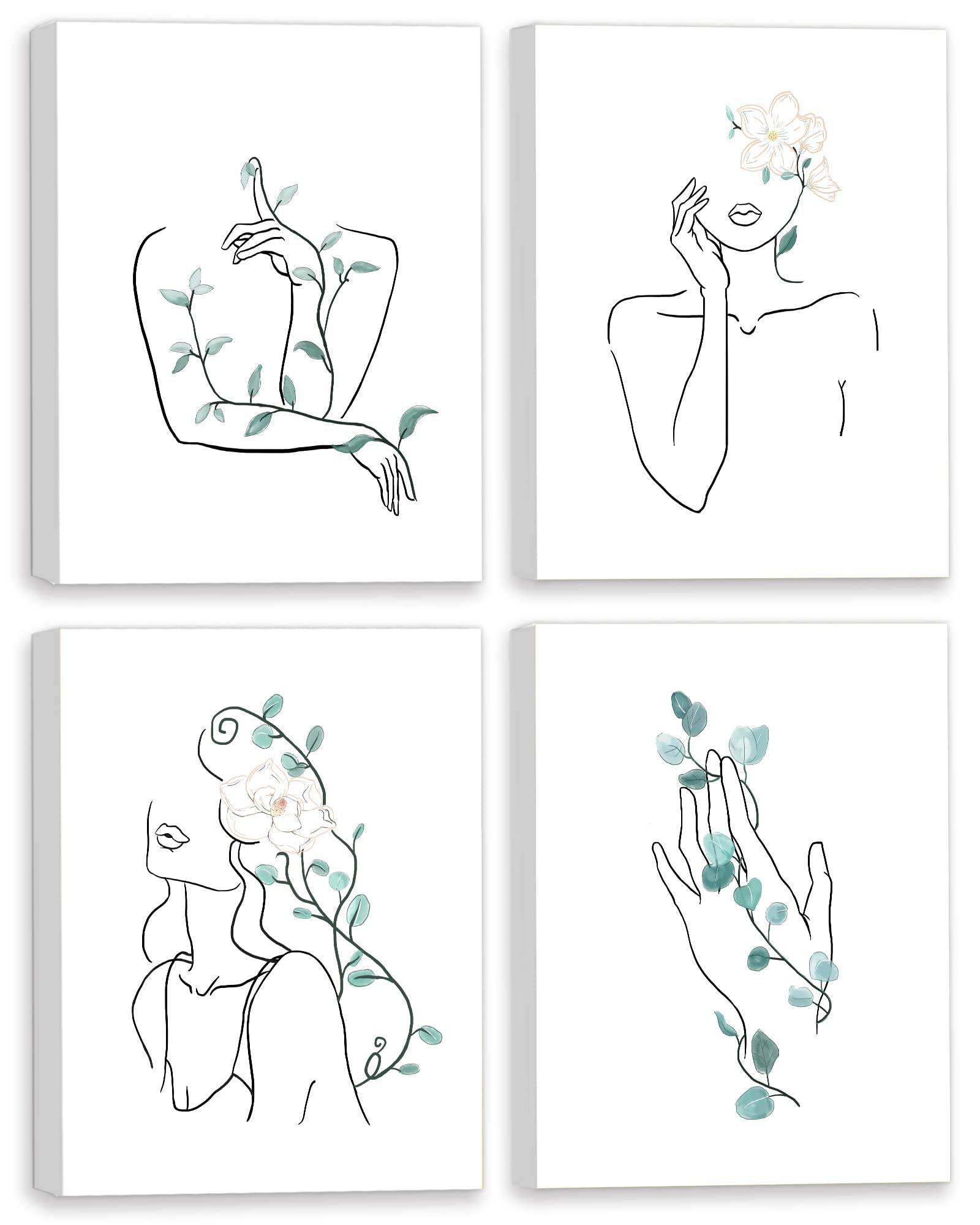 Botanical Framed Wall Art Set of 4 - 8x10 Inches (20x25 cm) Boho Minimalist Home Decor for Living Room, Bedroom & Office - Modern Abstract Line Art Prints for Women | Perfect for Housewarming Gifts & Interior Design