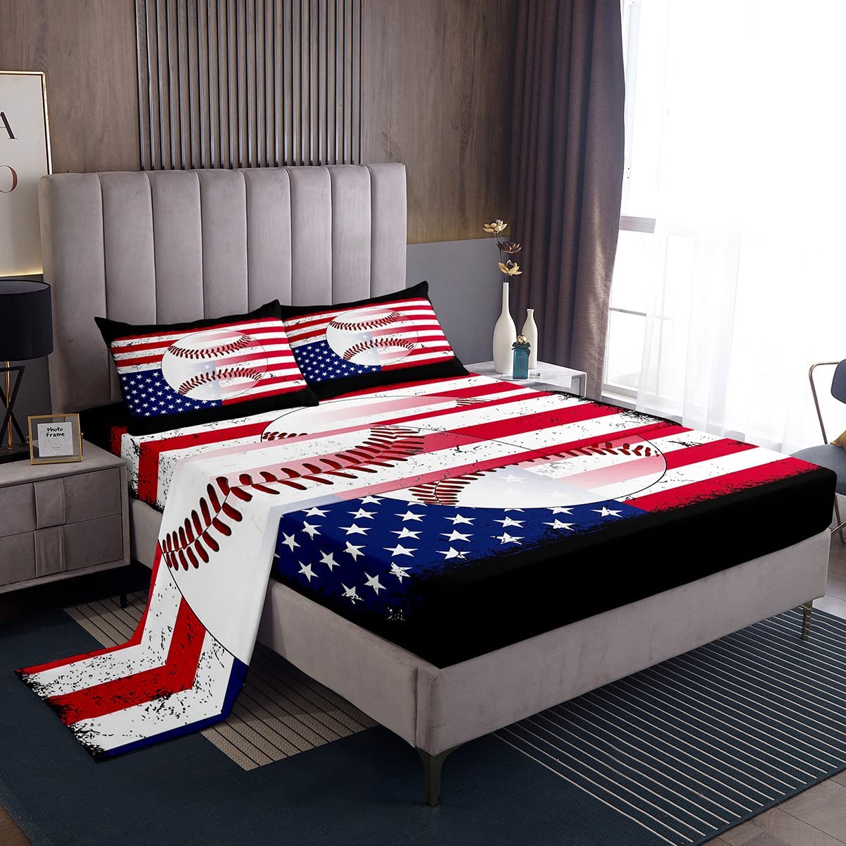 American Flag Baseball Bedding Set Queen Size - Patriotic Star & Stripes Comforter Cover for Boys Girls - Grunge Style Geometric Sports Theme Bedroom Decor - Fitted Sheet + Flat Sheet in Black Red Blue - Perfect for Game Day, Kids Room & Sports Themed Bedrooms